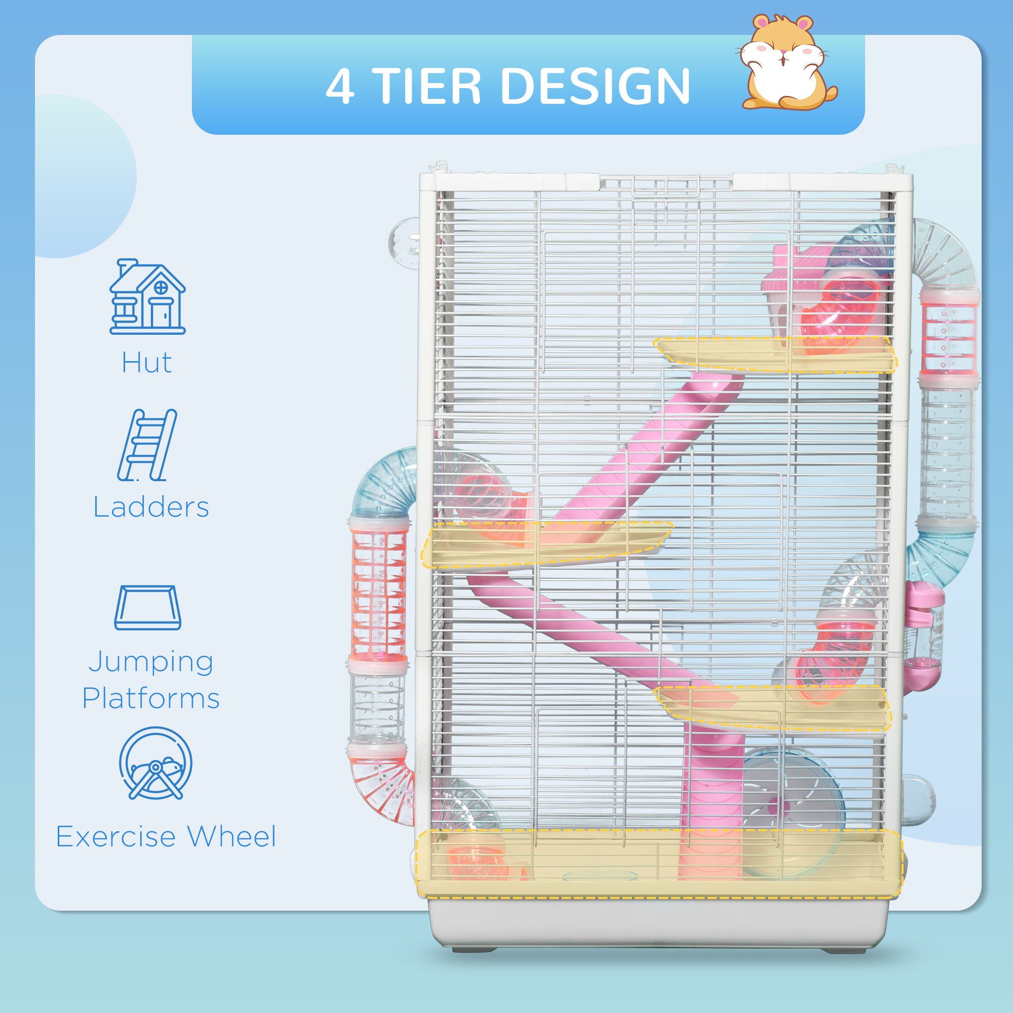 PawHut Hamster Cage with Tunnel Tubes, Gerbil Cage, Small Rodents Habitat with Detachable Bottom, Ramps, Jumping Platforms, Hut, Exercise Wheel, Food Bowl, Water Bottle, 47 x 29.5 x 76cm
