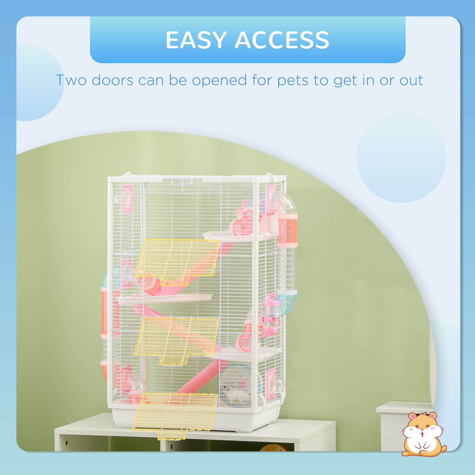 PawHut Hamster Cage with Tunnel Tubes, Gerbil Cage, Small Rodents Habitat with Detachable Bottom, Ramps, Jumping Platforms, Hut, Exercise Wheel, Food Bowl, Water Bottle, 47 x 29.5 x 76cm