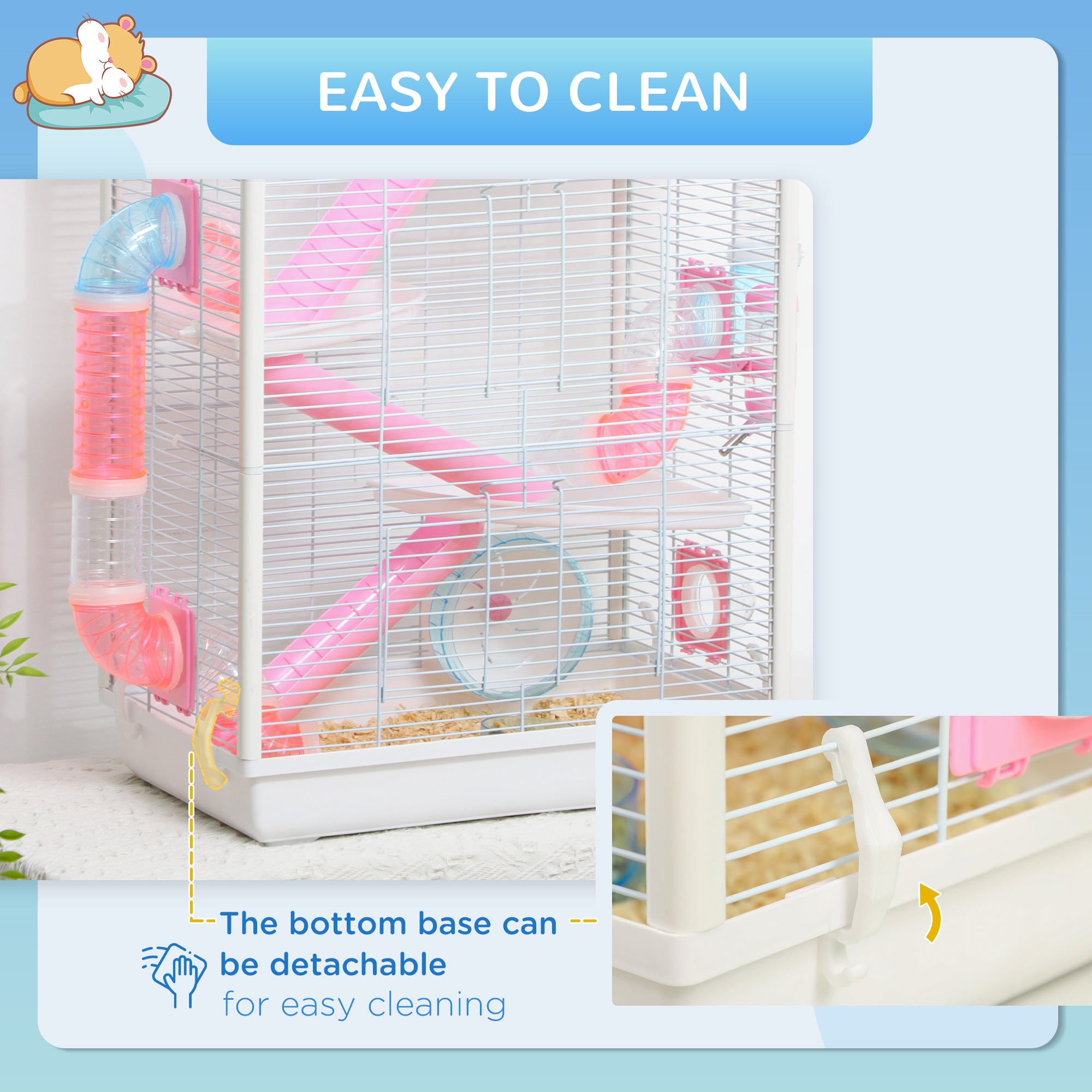 PawHut Hamster Cage with Tunnel Tubes, Gerbil Cage, Small Rodents Habitat with Detachable Bottom, Ramps, Jumping Platforms, Hut, Exercise Wheel, Food Bowl, Water Bottle, 47 x 29.5 x 76cm