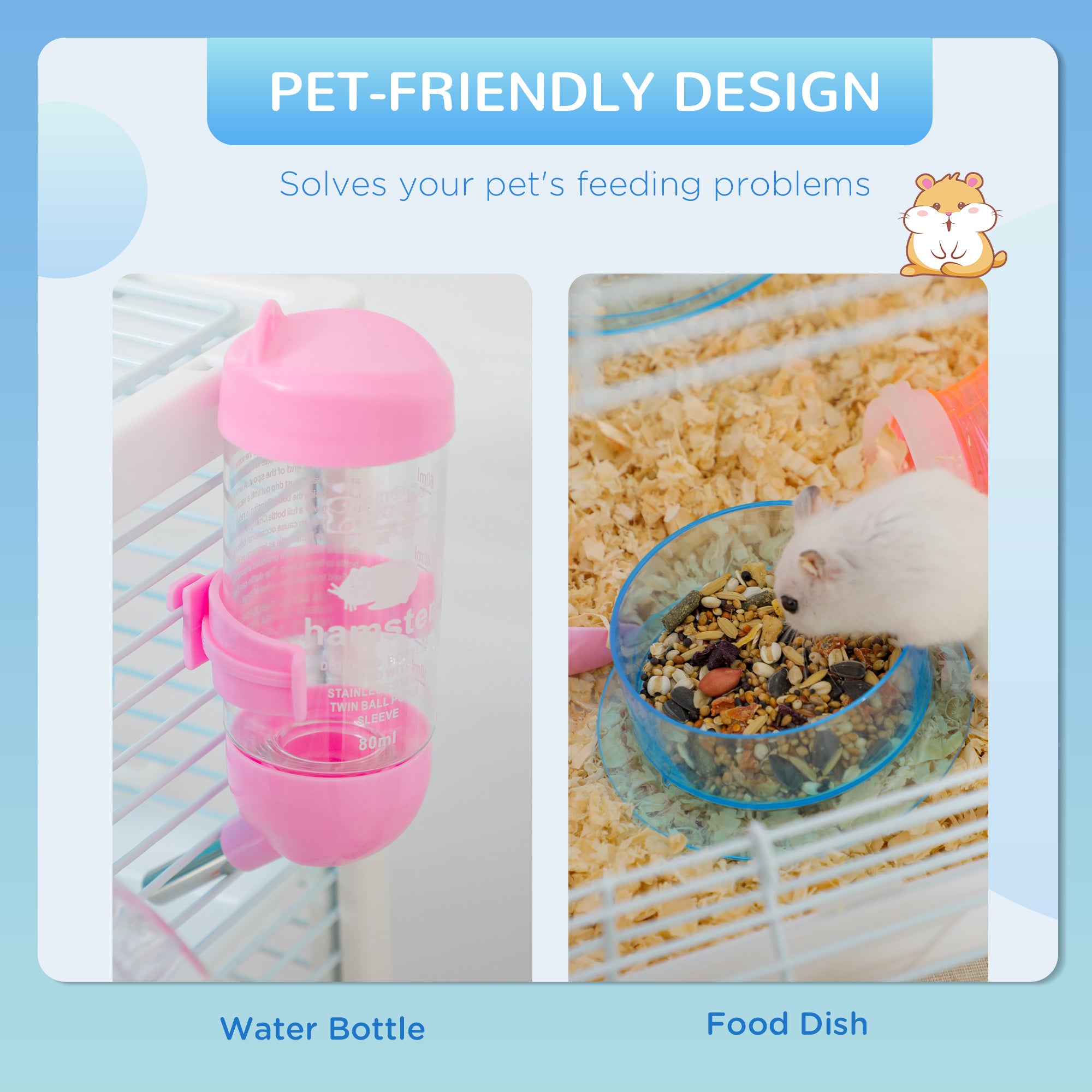 PawHut Hamster Cage with Tunnel Tubes, Gerbil Cage, Small Rodents Habitat with Detachable Bottom, Ramps, Jumping Platforms, Hut, Exercise Wheel, Food Bowl, Water Bottle, 47 x 29.5 x 76cm