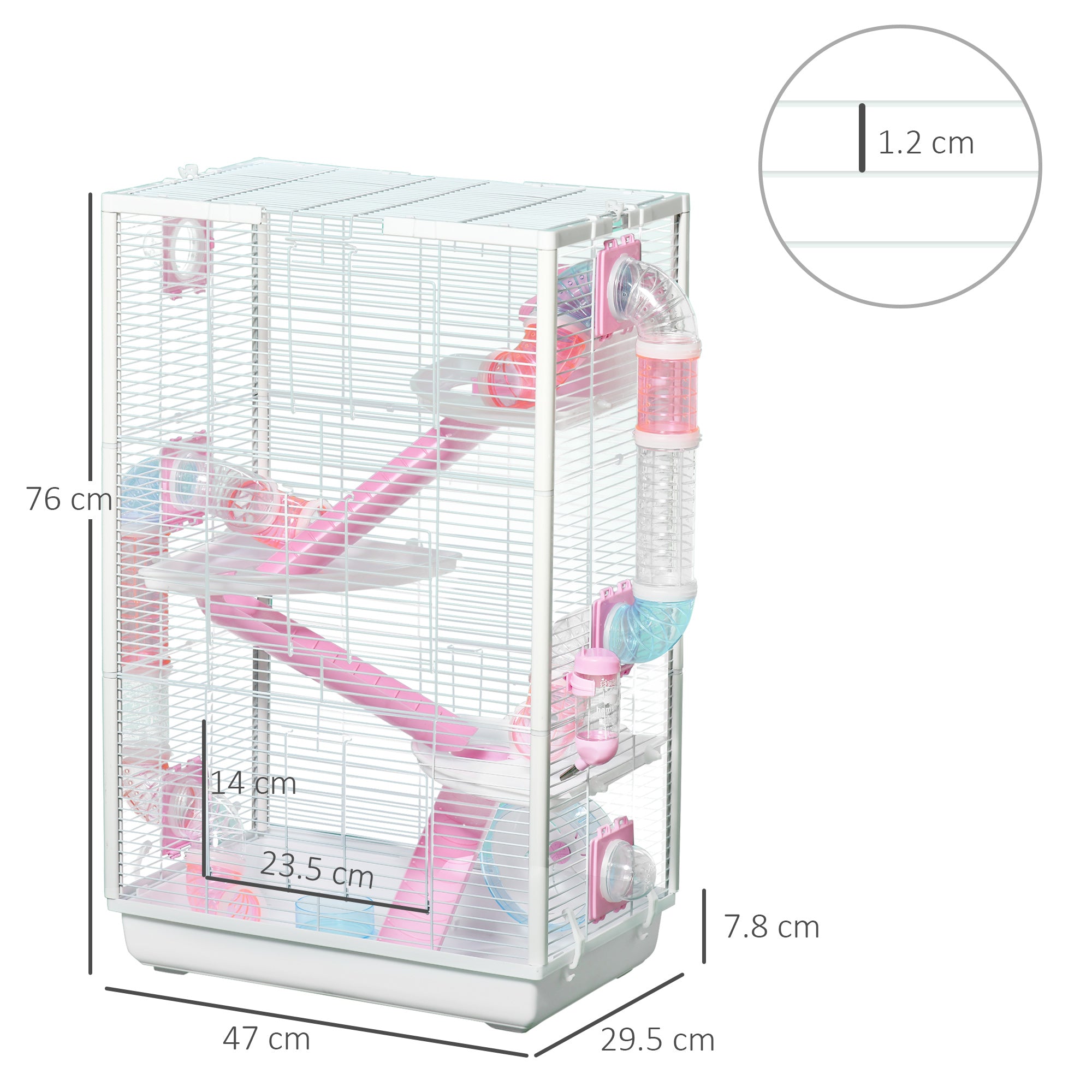 PawHut Hamster Cage with Tunnel Tubes, Gerbil Cage, Small Rodents Habitat with Detachable Bottom, Ramps, Jumping Platforms, Hut, Exercise Wheel, Food Bowl, Water Bottle, 47 x 29.5 x 76cm