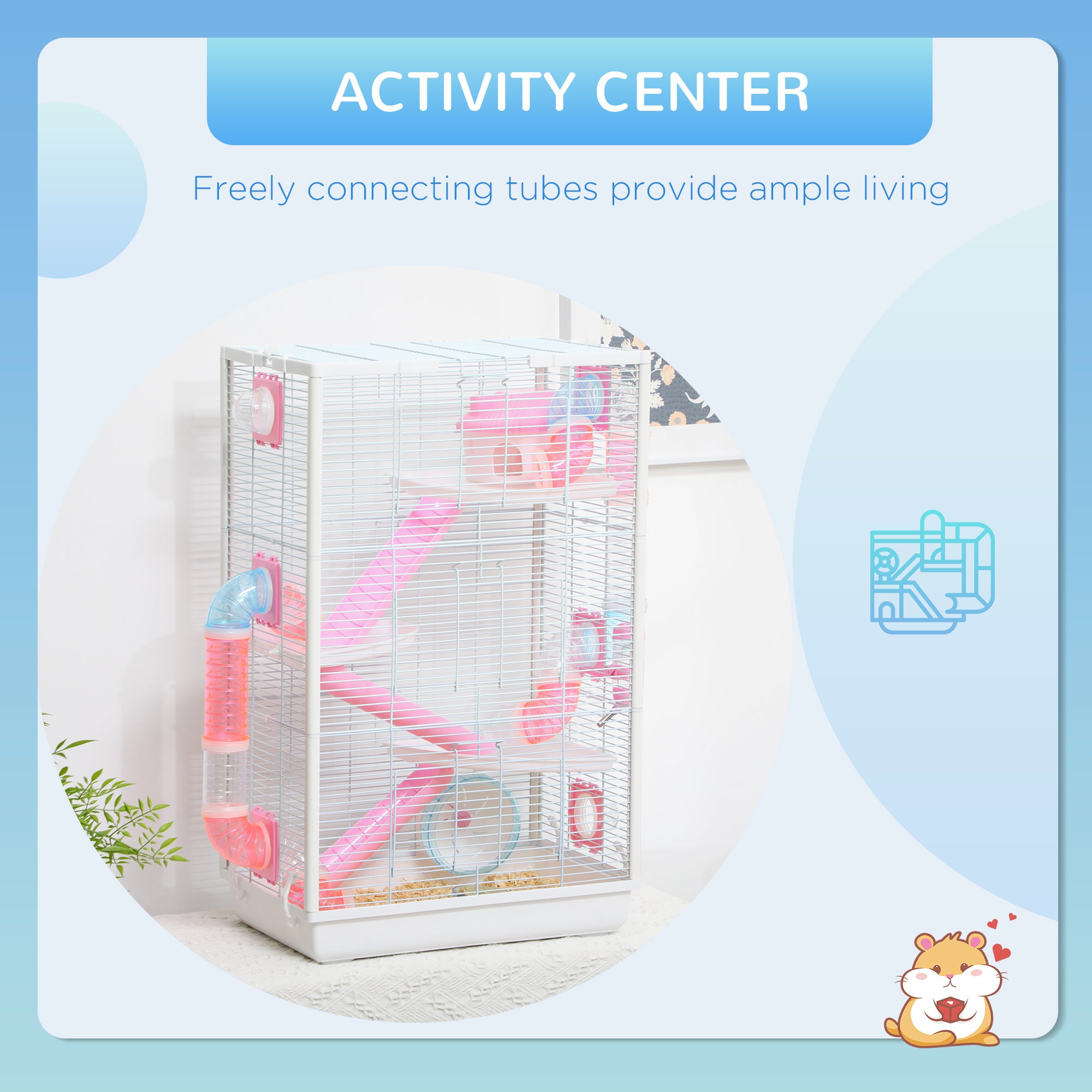 PawHut Hamster Cage with Tunnel Tubes, Gerbil Cage, Small Rodents Habitat with Detachable Bottom, Ramps, Jumping Platforms, Hut, Exercise Wheel, Food Bowl, Water Bottle, 47 x 29.5 x 76cm