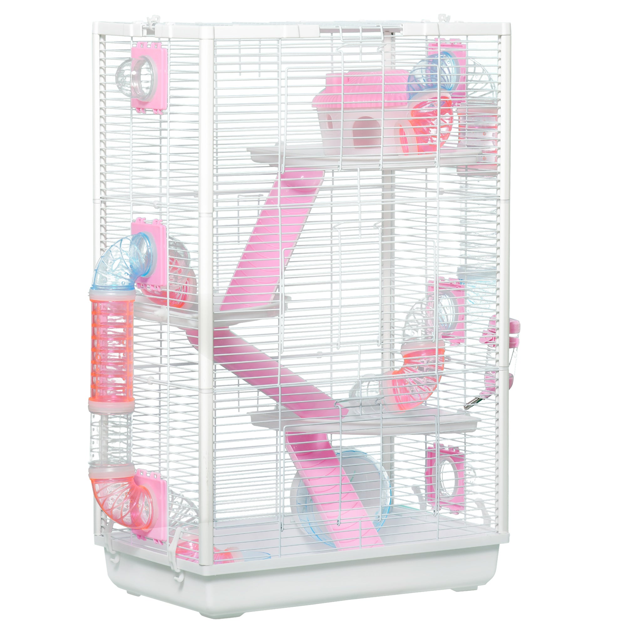 PawHut Hamster Cage with Tunnel Tubes, Gerbil Cage, Small Rodents Habitat with Detachable Bottom, Ramps, Jumping Platforms, Hut, Exercise Wheel, Food Bowl, Water Bottle, 47 x 29.5 x 76cm