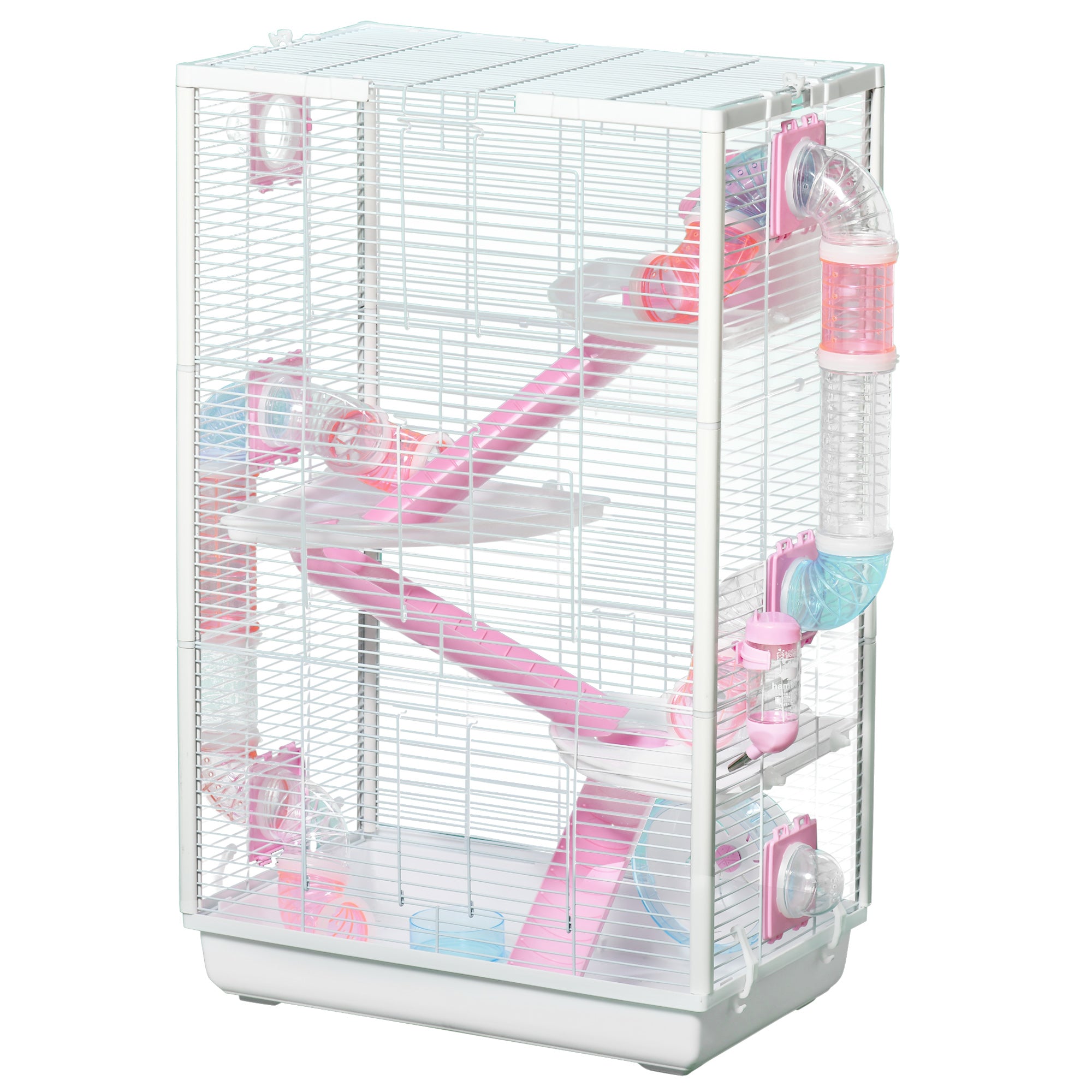 PawHut Hamster Cage with Tunnel Tubes, Gerbil Cage, Small Rodents Habitat with Detachable Bottom, Ramps, Jumping Platforms, Hut, Exercise Wheel, Food Bowl, Water Bottle, 47 x 29.5 x 76cm