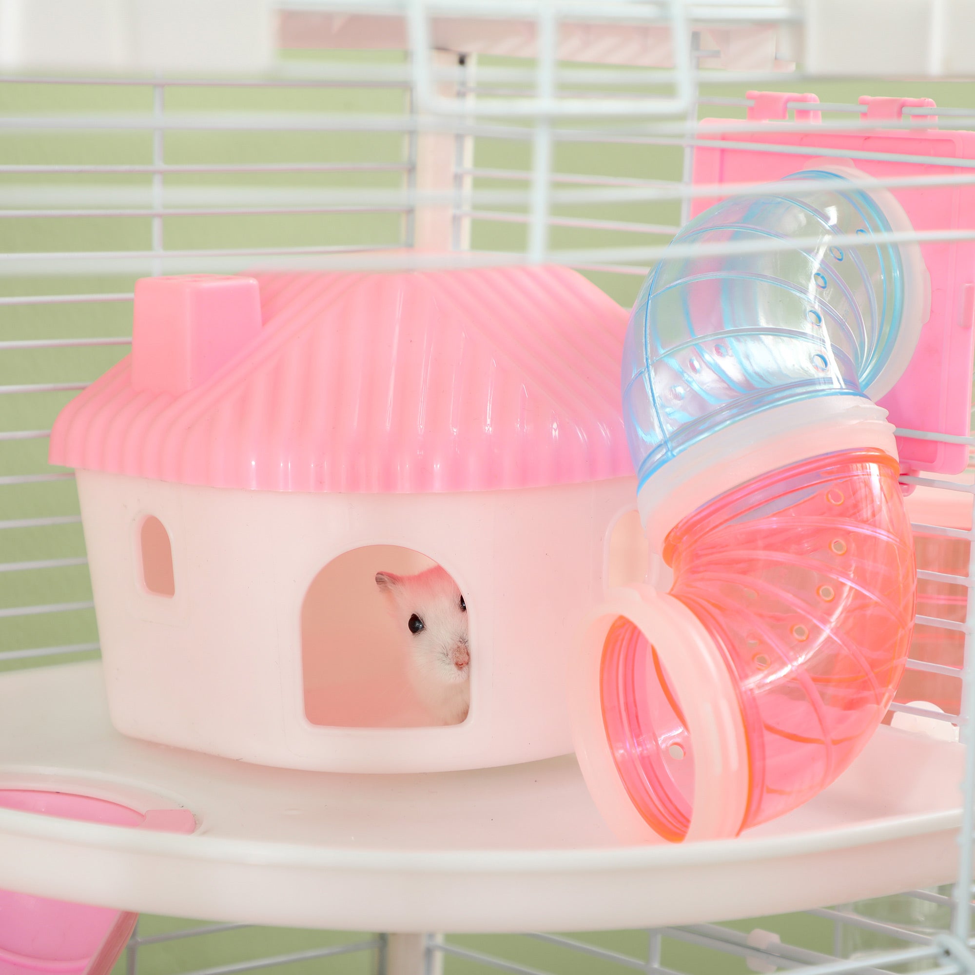 PawHut Hamster Cage with Tunnel Tubes, Gerbil Cage, Small Rodents Habitat with Detachable Bottom, Ramps, Jumping Platforms, Hut, Exercise Wheel, Food Bowl, Water Bottle, 47 x 29.5 x 76cm