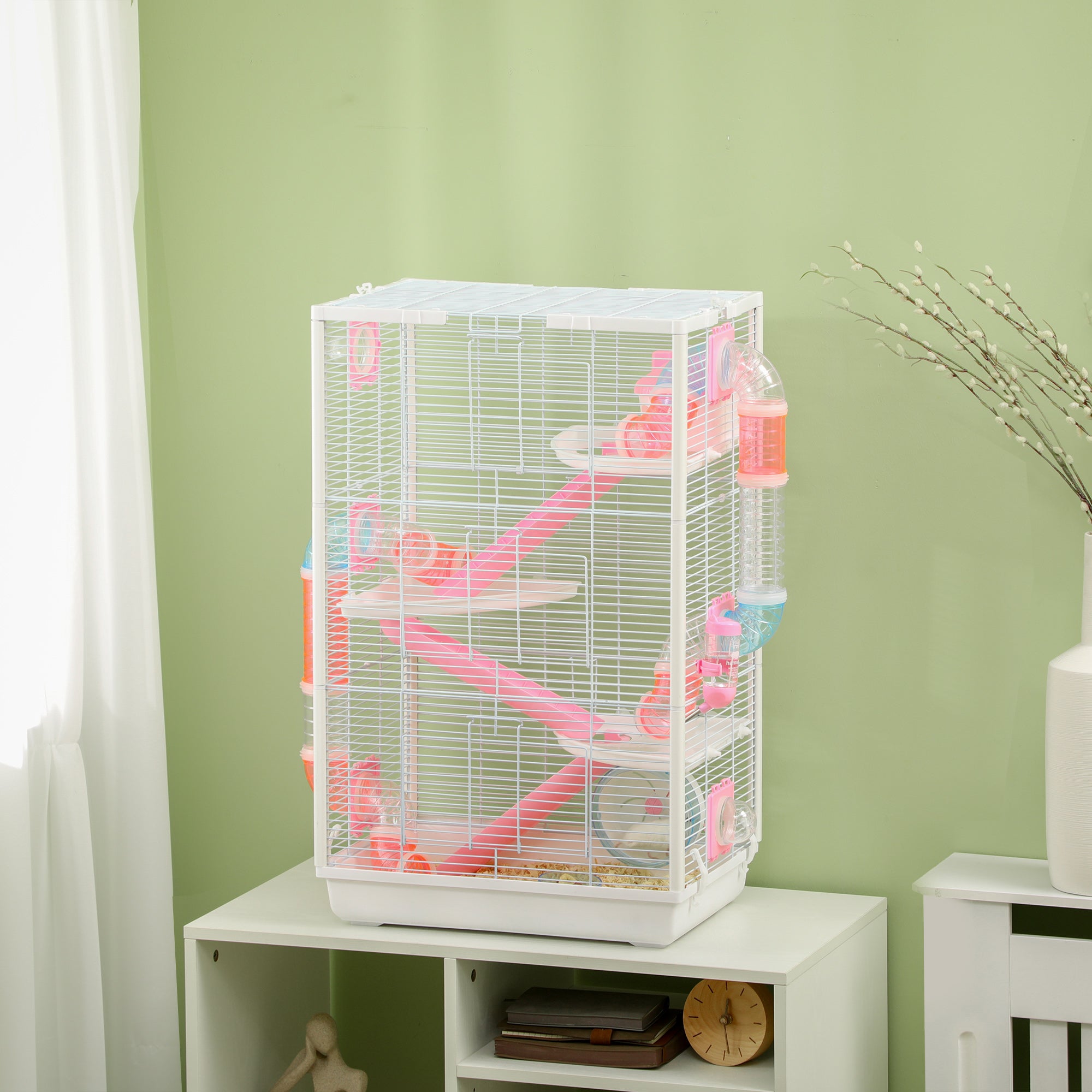 PawHut Hamster Cage with Tunnel Tubes, Gerbil Cage, Small Rodents Habitat with Detachable Bottom, Ramps, Jumping Platforms, Hut, Exercise Wheel, Food Bowl, Water Bottle, 47 x 29.5 x 76cm