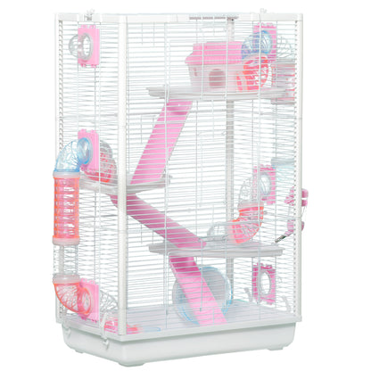 PawHut Hamster Cage with Tunnel Tubes, Gerbil Cage, Small Rodents Habitat with Detachable Bottom, Ramps, Jumping Platforms, Hut, Exercise Wheel, Food Bowl, Water Bottle, 47 x 29.5 x 76cm