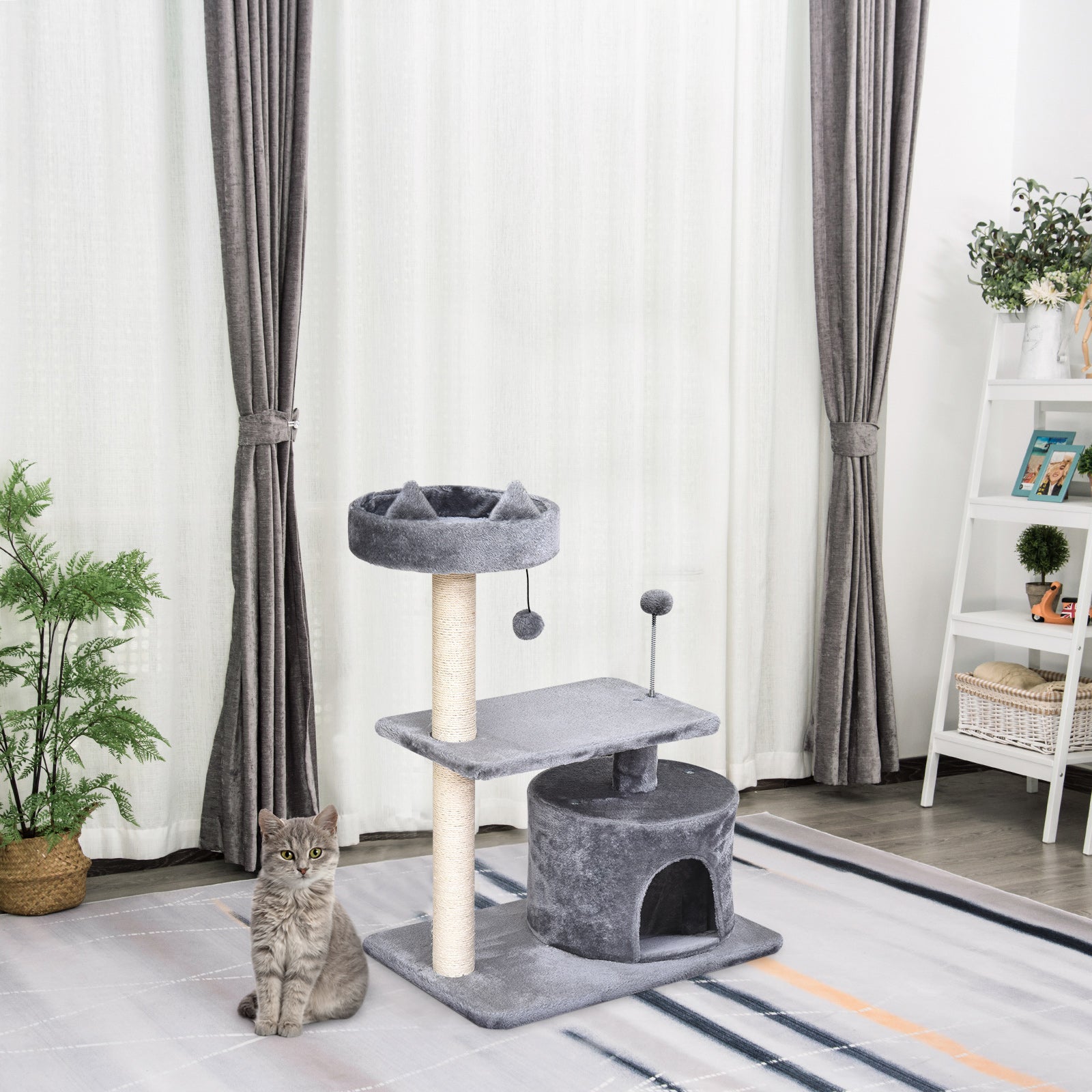 PawHut 81cm/32" Multi-level Cat Tree Scratcher Kitty Activity Center,Condo, Perch, Jumping Platforms,Toys Grey