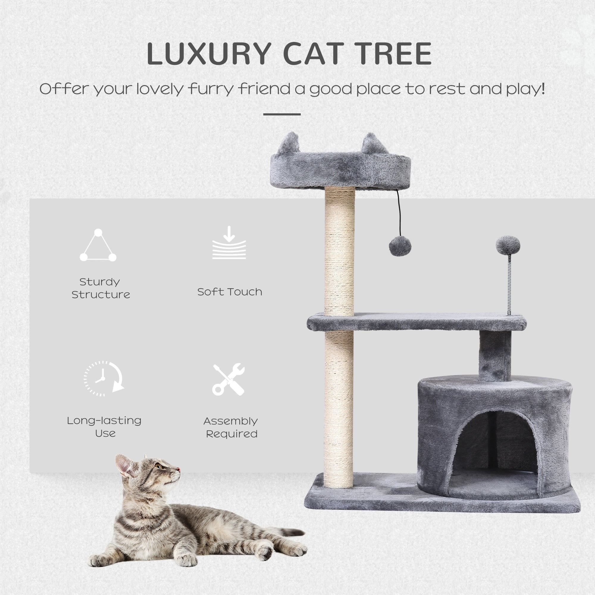 PawHut Multi Level Cat Tree for Indoor Cats with Scratching Post Bed Condo Perch, Kitten Climbing Tower, Grey 60L x 40W x 81H cm