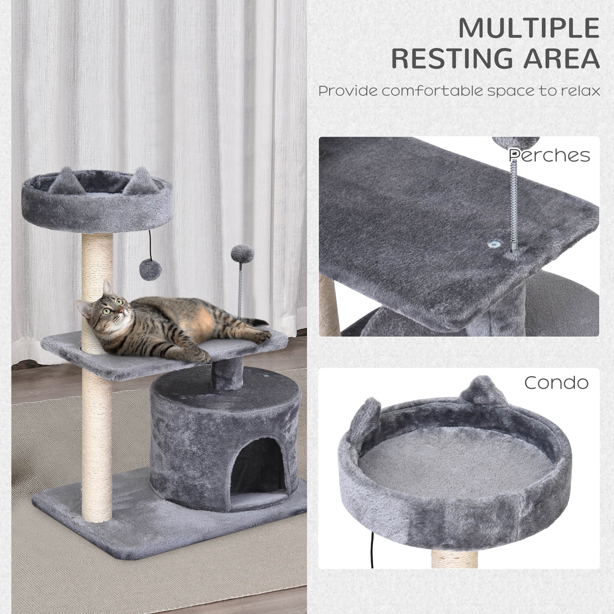 PawHut 81cm/32" Multi-level Cat Tree Scratcher Kitty Activity Center,Condo, Perch, Jumping Platforms,Toys Grey