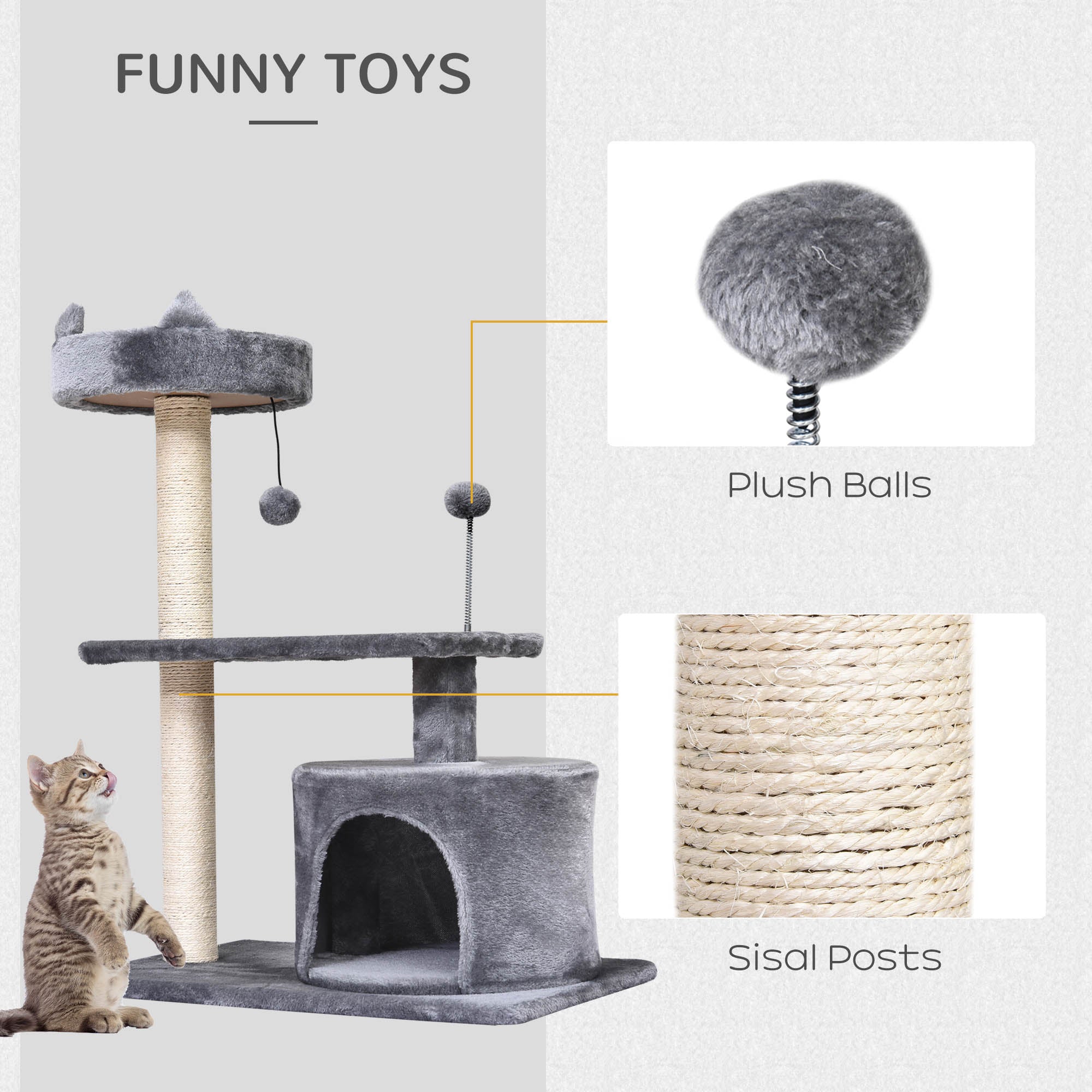 PawHut Multi Level Cat Tree for Indoor Cats with Scratching Post Bed Condo Perch, Kitten Climbing Tower, Grey 60L x 40W x 81H cm