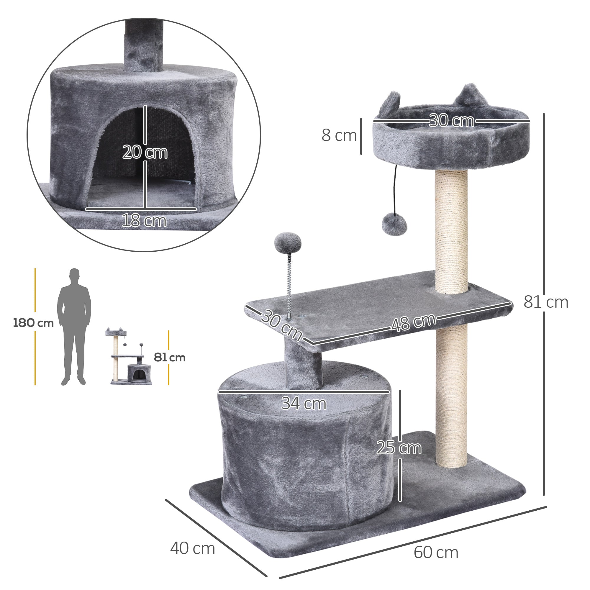 PawHut Multi Level Cat Tree for Indoor Cats with Scratching Post Bed Condo Perch, Kitten Climbing Tower, Grey 60L x 40W x 81H cm