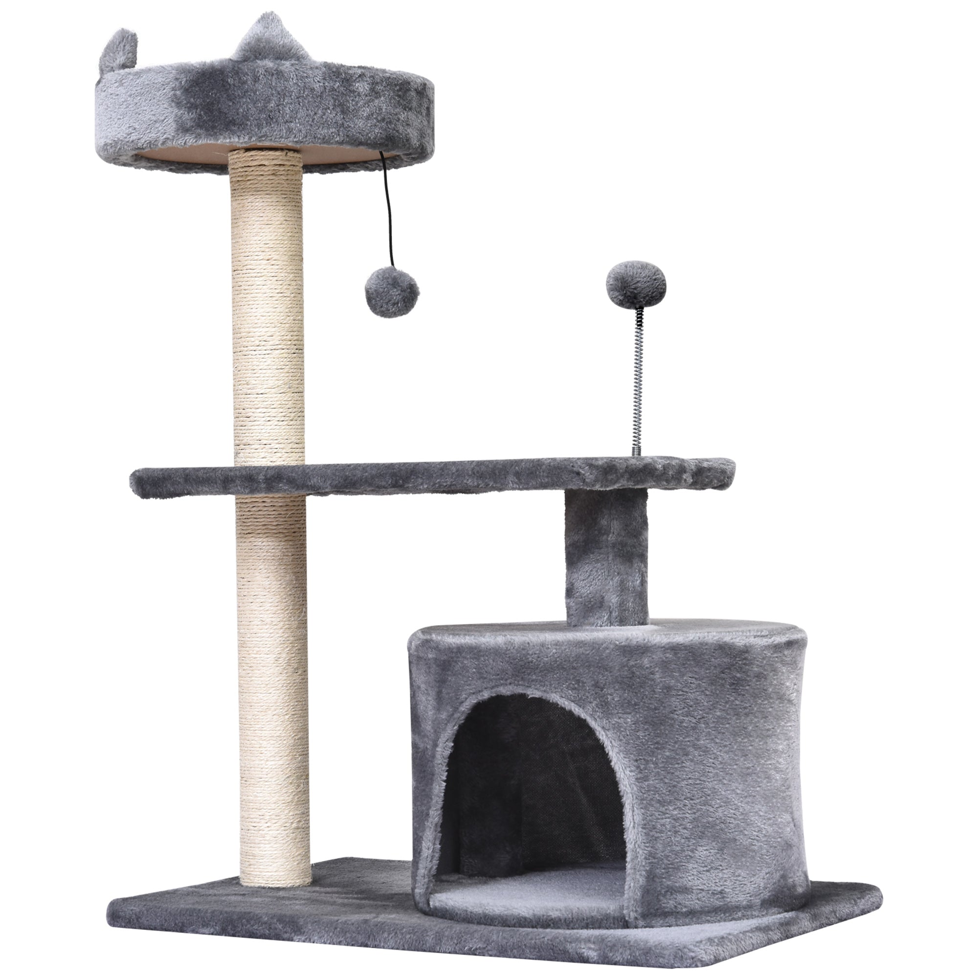 PawHut Multi Level Cat Tree for Indoor Cats with Scratching Post Bed Condo Perch, Kitten Climbing Tower, Grey 60L x 40W x 81H cm