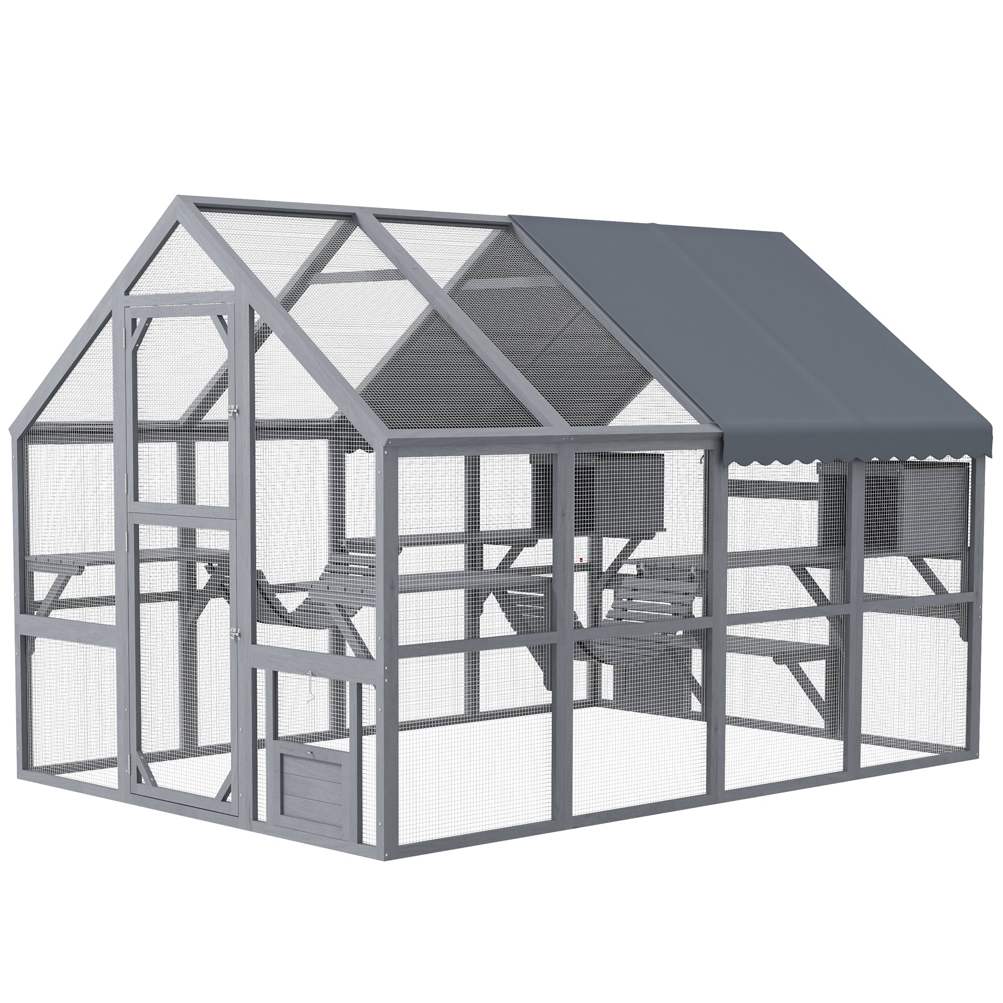 PawHut Large Catio Outdoor Cat Enclosure for Multiple Kittens, Wooden Cat House with Waterproof Cover, Walk in Cat Cage Kennel with 2 Condos, 6 Platforms, Bridge, Doors, 110" x 73" x 74", Gray