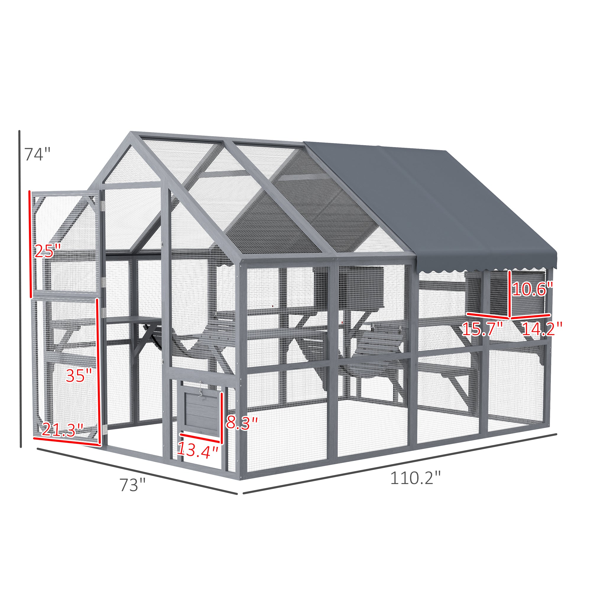 PawHut Large Catio Outdoor Cat Enclosure for Multiple Kittens, Wooden Cat House with Waterproof Cover, Walk in Cat Cage Kennel with 2 Condos, 6 Platforms, Bridge, Doors, 110" x 73" x 74", Gray