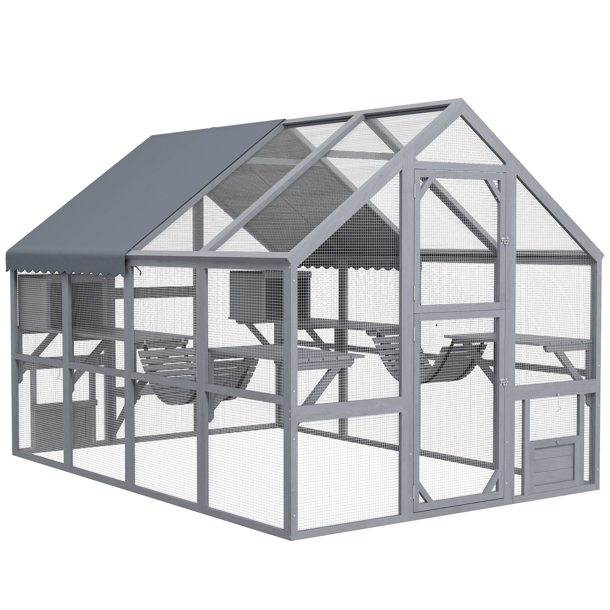 PawHut Large Catio Outdoor Cat Enclosure for Multiple Kittens, Wooden Cat House with Waterproof Cover, Walk in Cat Cage Kennel with 2 Condos, 6 Platforms, Bridge, Doors, 110" x 73" x 74", Gray