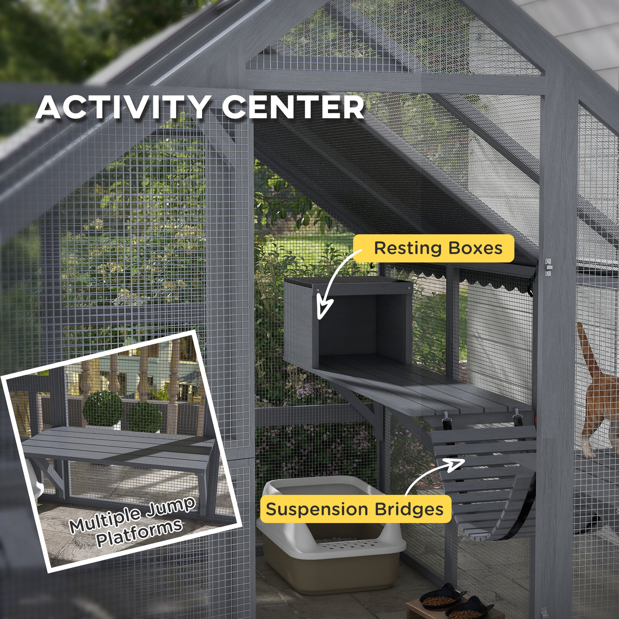 PawHut Large Catio Outdoor Cat Enclosure for Multiple Kittens, Wooden Cat House with Waterproof Cover, Walk in Cat Cage Kennel with 2 Condos, 6 Platforms, Bridge, Doors, 110" x 73" x 74", Gray