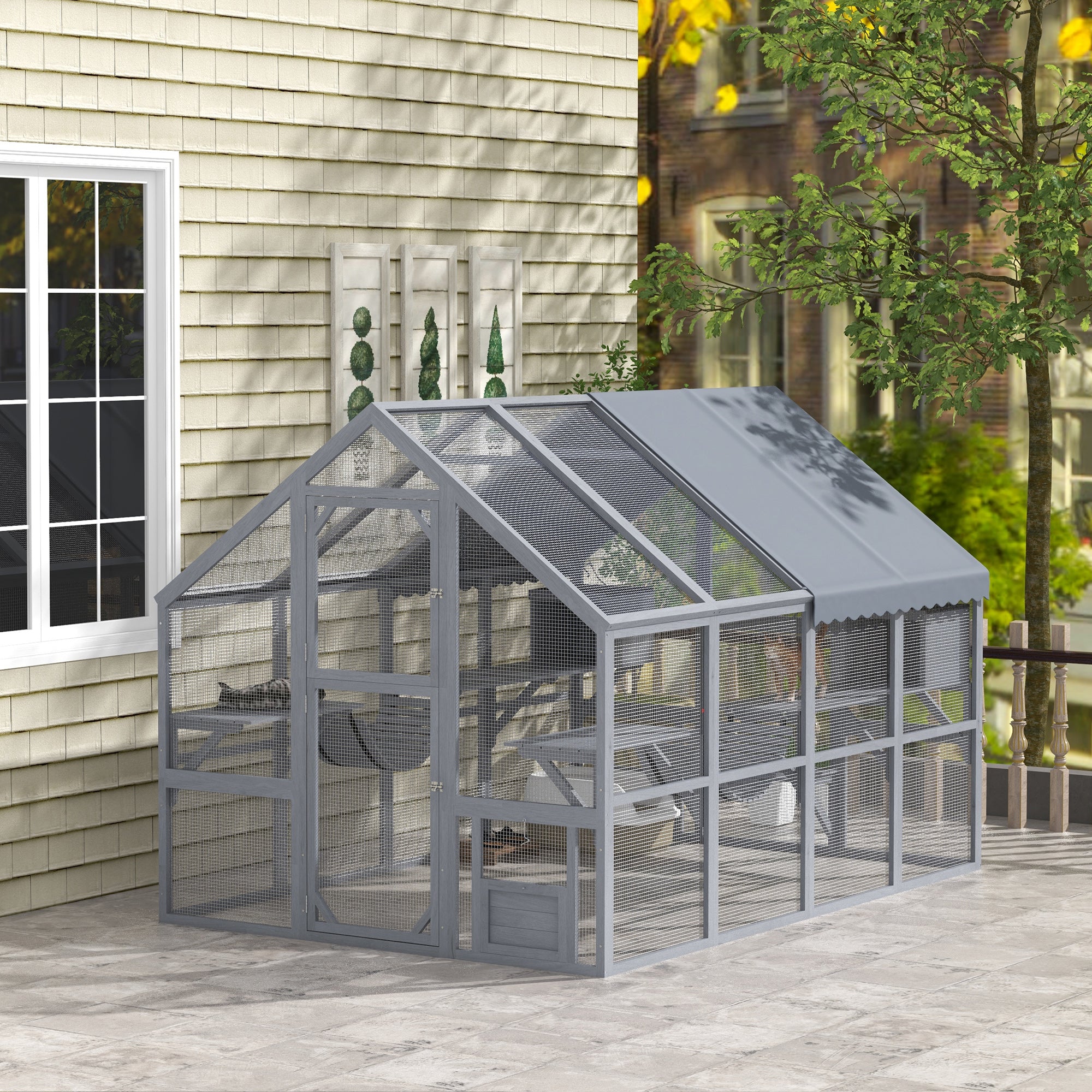 PawHut Large Catio Outdoor Cat Enclosure for Multiple Kittens, Wooden Cat House with Waterproof Cover, Walk in Cat Cage Kennel with 2 Condos, 6 Platforms, Bridge, Doors, 110" x 73" x 74", Gray