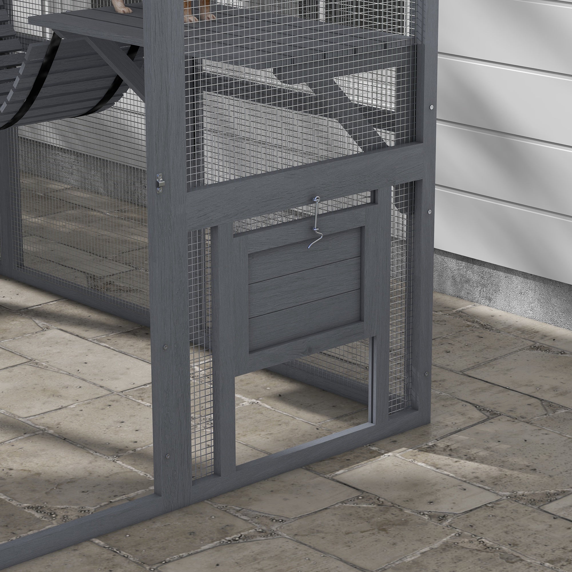 PawHut Large Catio Outdoor Cat Enclosure for Multiple Kittens, Wooden Cat House with Waterproof Cover, Walk in Cat Cage Kennel with 2 Condos, 6 Platforms, Bridge, Doors, 110" x 73" x 74", Gray