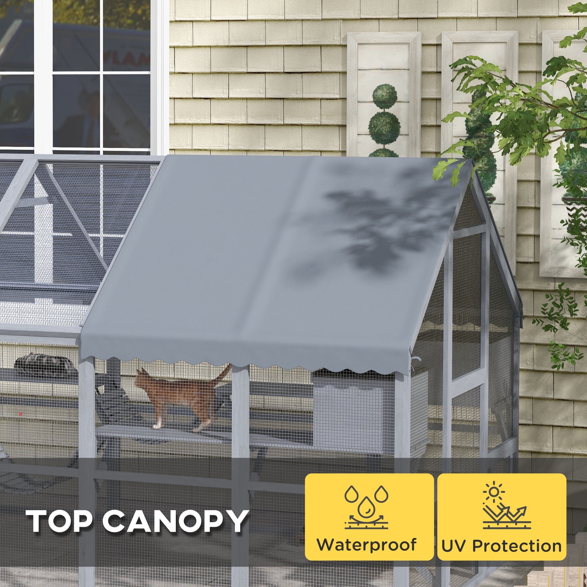 PawHut Large Catio Outdoor Cat Enclosure for Multiple Kittens, Wooden Cat House with Waterproof Cover, Walk in Cat Cage Kennel with 2 Condos, 6 Platforms, Bridge, Doors, 110" x 73" x 74", Gray