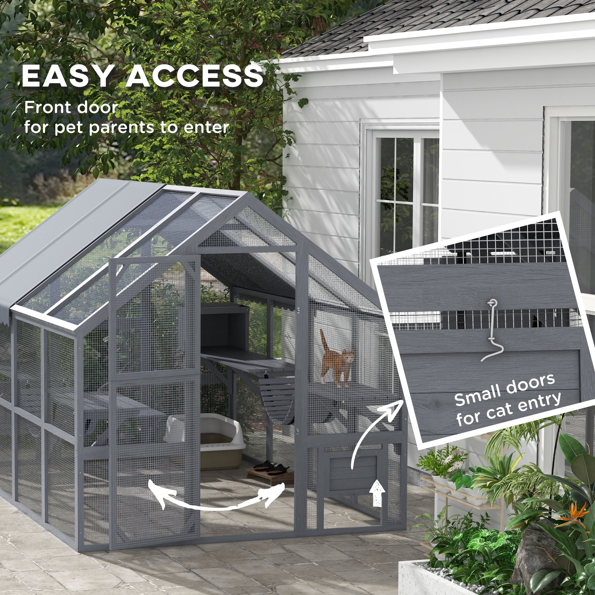 PawHut Large Catio Outdoor Cat Enclosure for Multiple Kittens, Wooden Cat House with Waterproof Cover, Walk in Cat Cage Kennel with 2 Condos, 6 Platforms, Bridge, Doors, 110" x 73" x 74", Gray