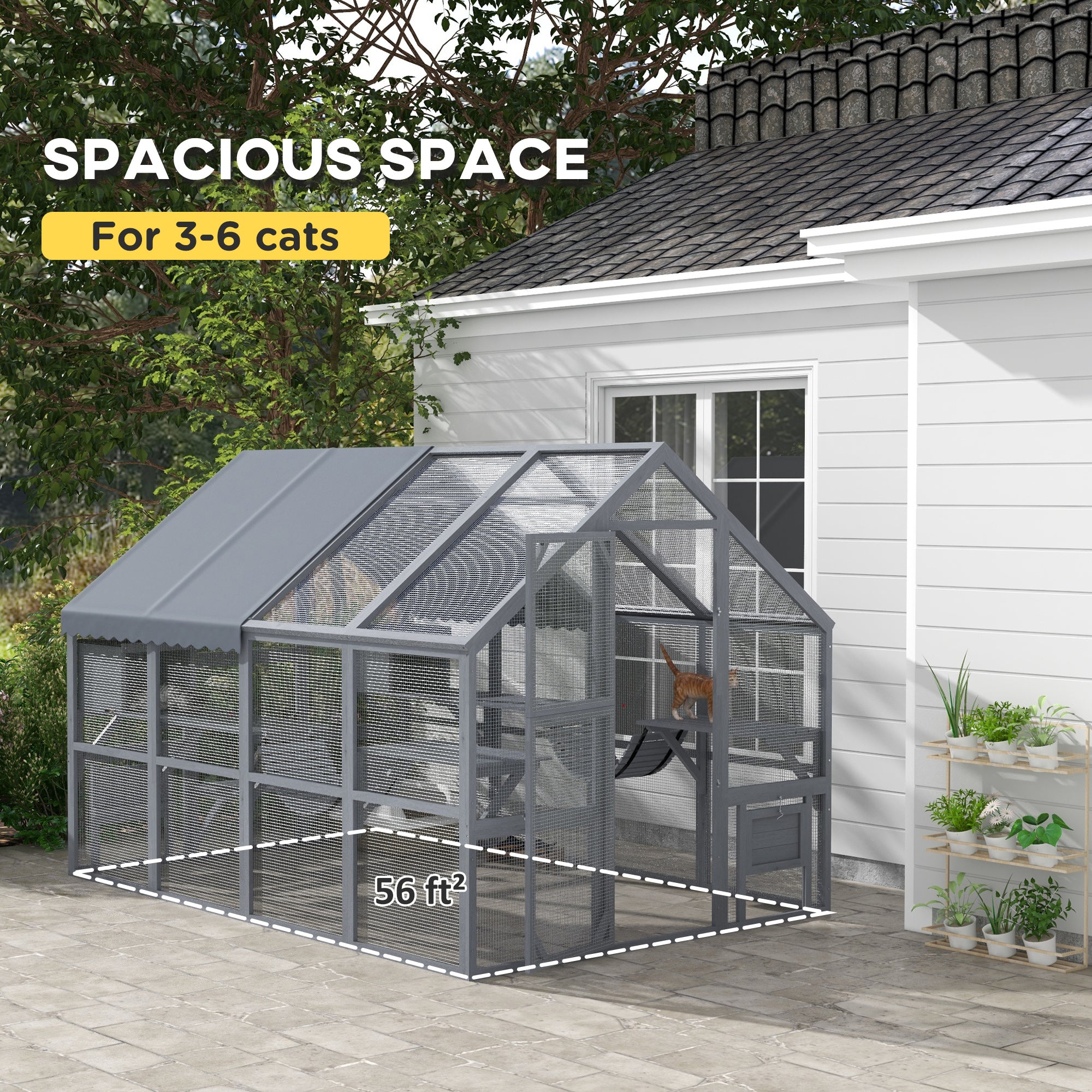 PawHut Large Catio Outdoor Cat Enclosure for Multiple Kittens, Wooden Cat House with Waterproof Cover, Walk in Cat Cage Kennel with 2 Condos, 6 Platforms, Bridge, Doors, 110" x 73" x 74", Gray