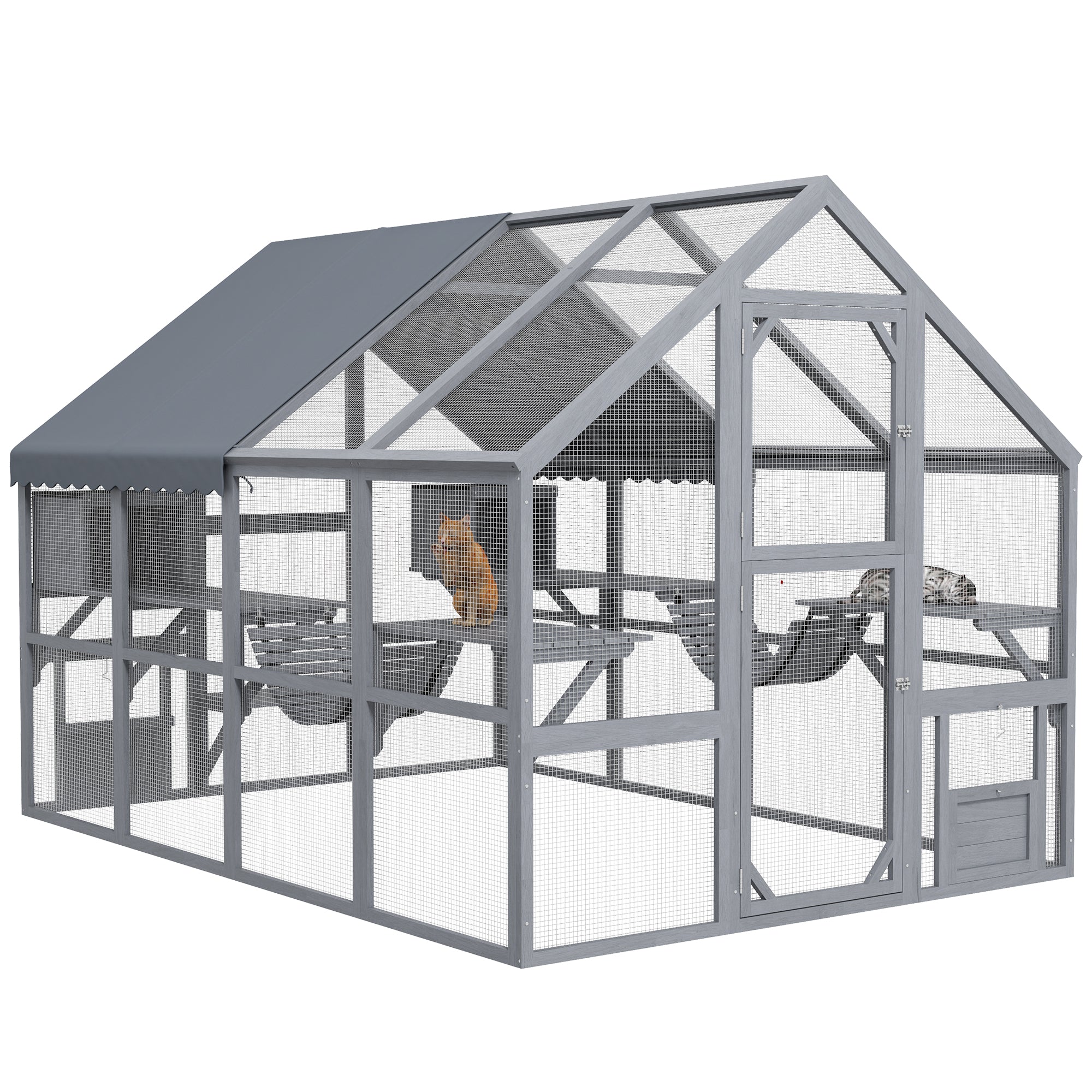 PawHut Large Catio Outdoor Cat Enclosure for Multiple Kittens, Wooden Cat House with Waterproof Cover, Walk in Cat Cage Kennel with 2 Condos, 6 Platforms, Bridge, Doors, 110" x 73" x 74", Gray