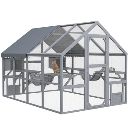 PawHut Large Catio Outdoor Cat Enclosure for Multiple Kittens, Wooden Cat House with Waterproof Cover, Walk in Cat Cage Kennel with 2 Condos, 6 Platforms, Bridge, Doors, 110" x 73" x 74", Gray