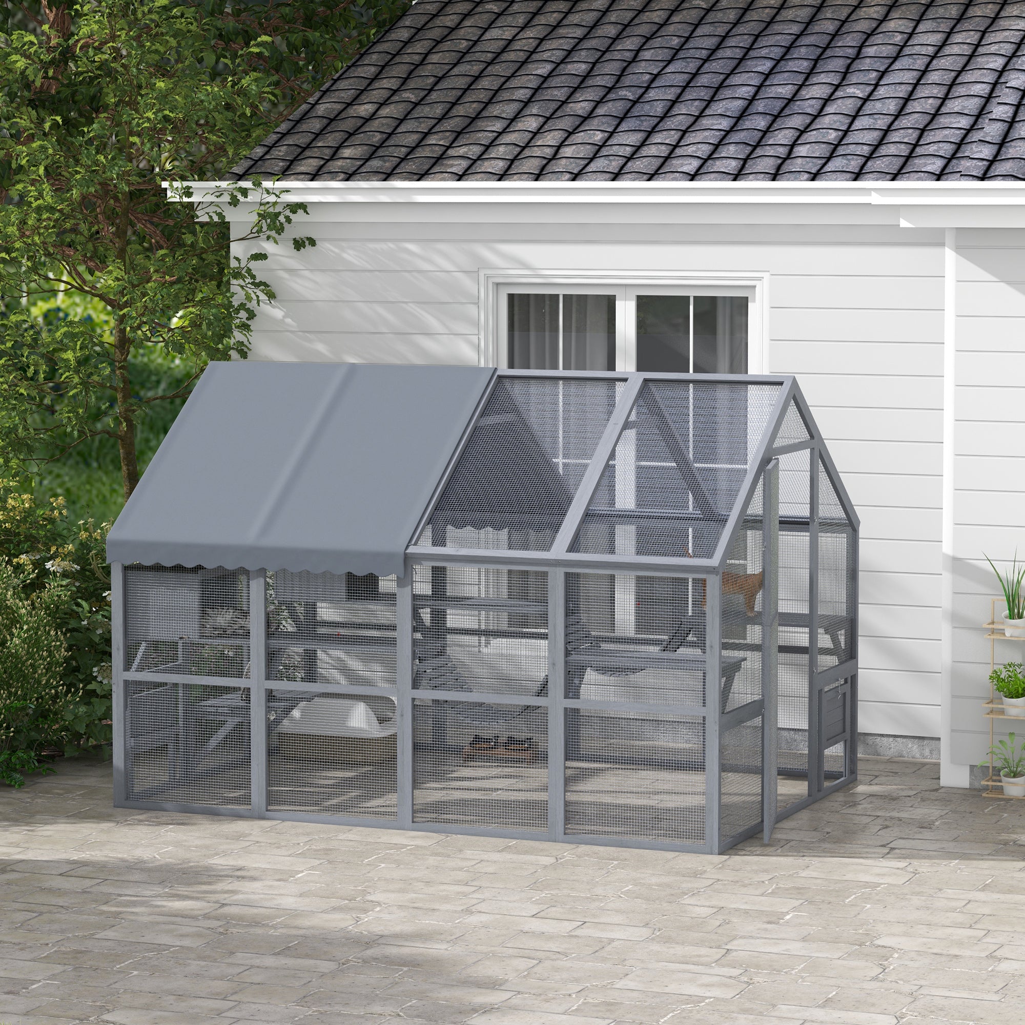PawHut Large Catio Outdoor Cat Enclosure for Multiple Kittens, Wooden Cat House with Waterproof Cover, Walk in Cat Cage Kennel with 2 Condos, 6 Platforms, Bridge, Doors, 110" x 73" x 74", Gray