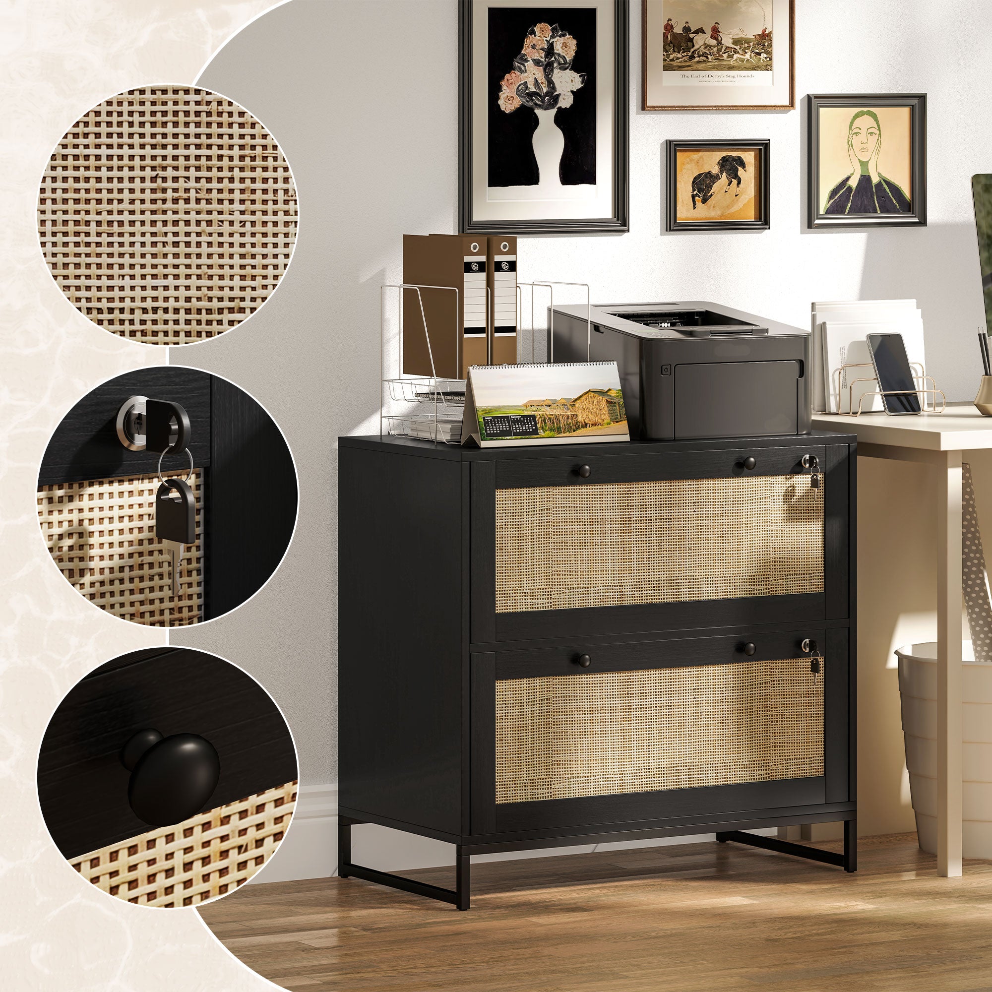 Vinsetto 2-Drawer Filing Cabinet with Lock, Rattan File Cabinet with Adjustable Hanging Bar for Letters, A4 and Legal Size Papers, Black