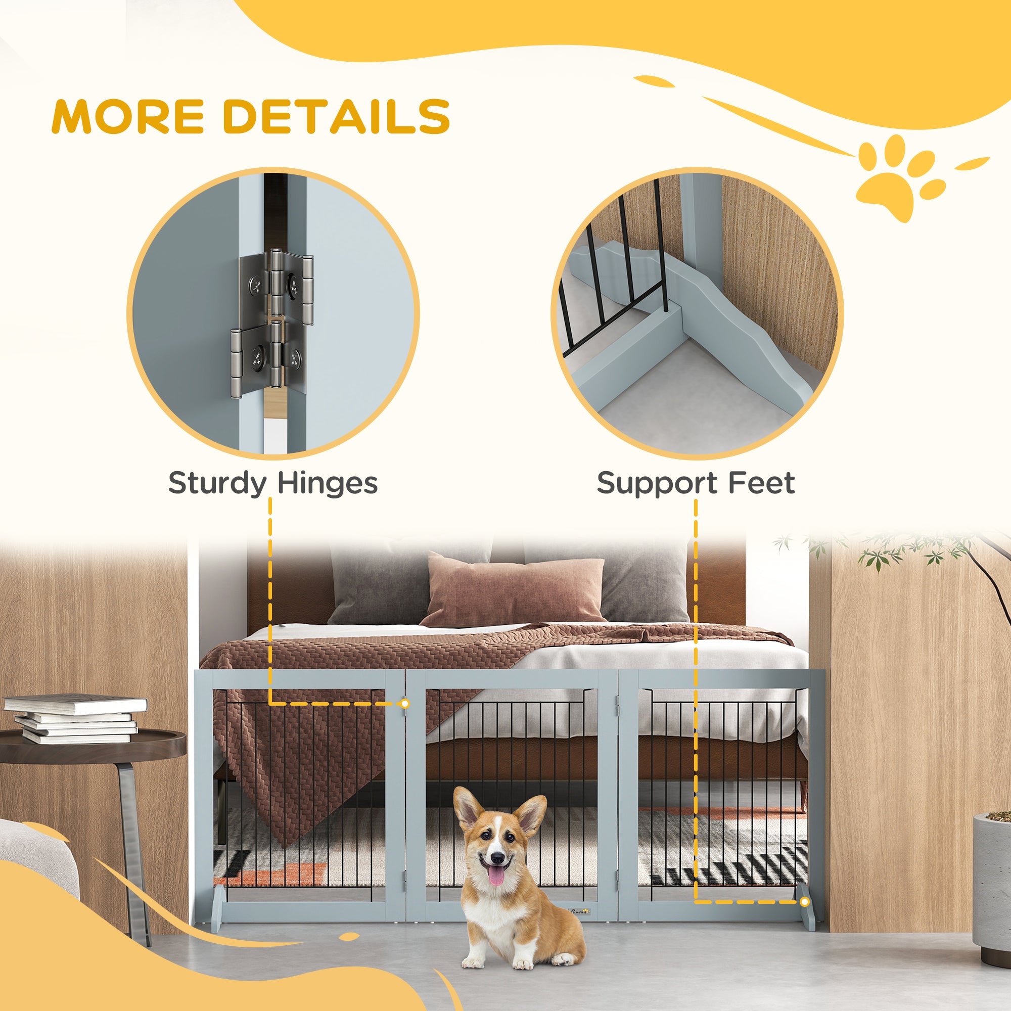 PawHut Freestanding Pet Gate Stair Gates for Dogs Foldable Wooden Dog Gate with 2 Support Feet, 61 cm Tall, for Doorways Hallways Staircases, Small Dogs - Grey