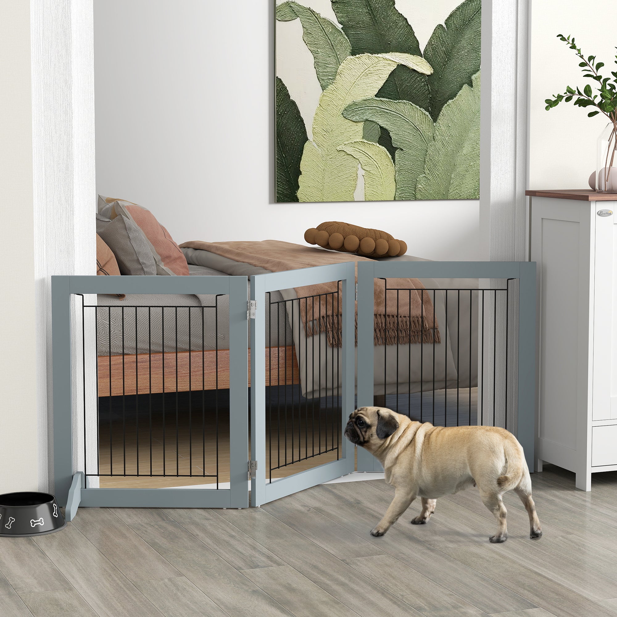 PawHut Freestanding Pet Gate Stair Gates for Dogs Foldable Wooden Dog Gate with 2 Support Feet, 61 cm Tall, for Doorways Hallways Staircases, Small Dogs - Grey