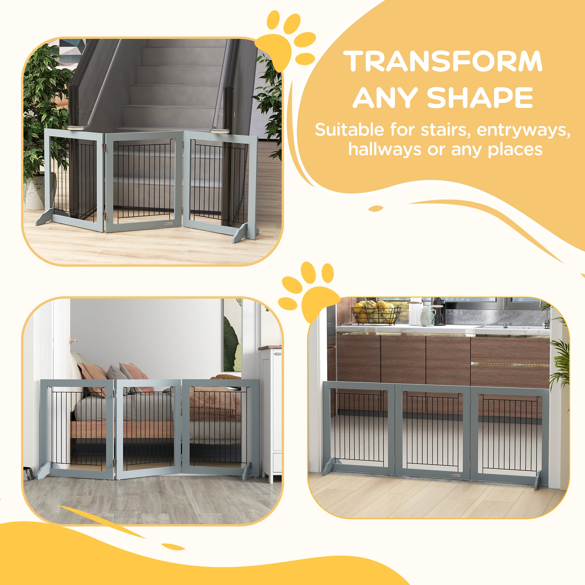 PawHut Freestanding Pet Gate Stair Gates for Dogs Foldable Wooden Dog Gate with 2 Support Feet, 61 cm Tall, for Doorways Hallways Staircases, Small Dogs - Grey