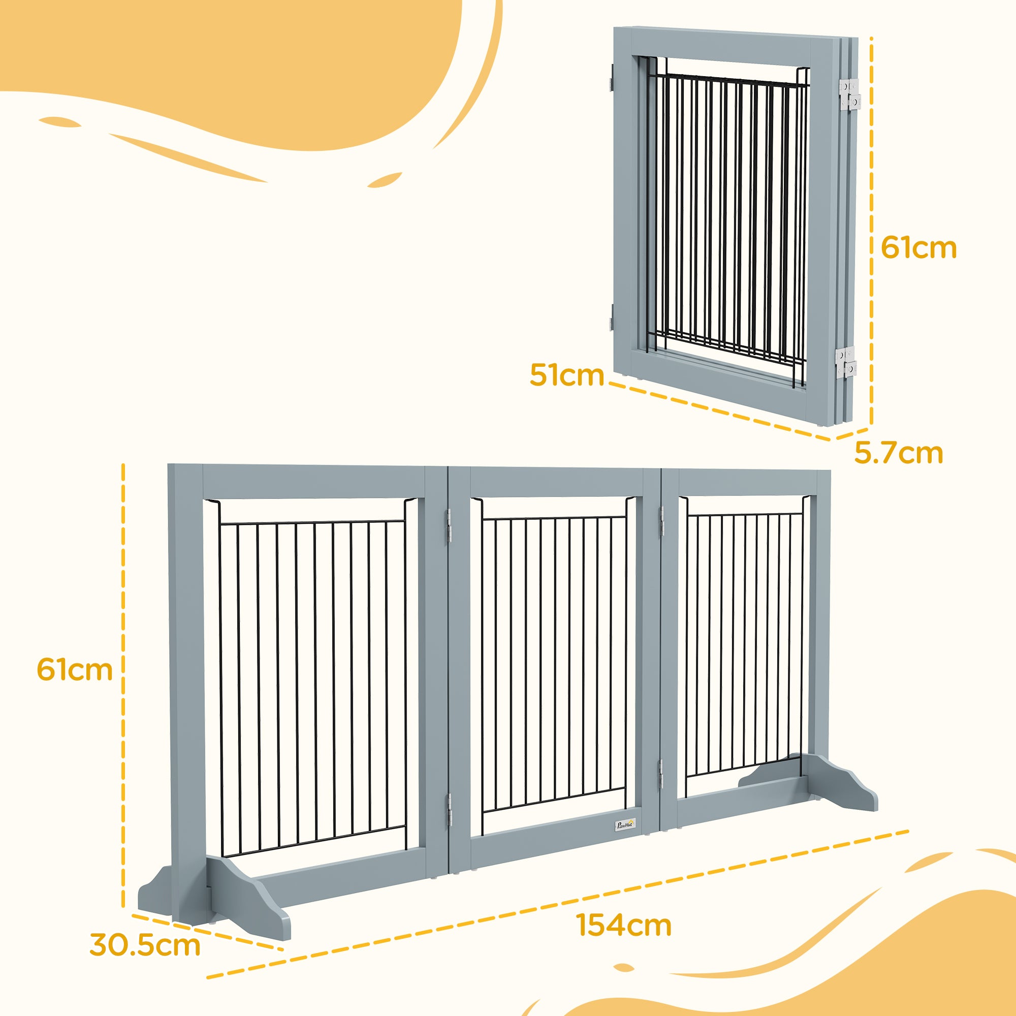 PawHut Freestanding Pet Gate Stair Gates for Dogs Foldable Wooden Dog Gate with 2 Support Feet, 61 cm Tall, for Doorways Hallways Staircases, Small Dogs - Grey