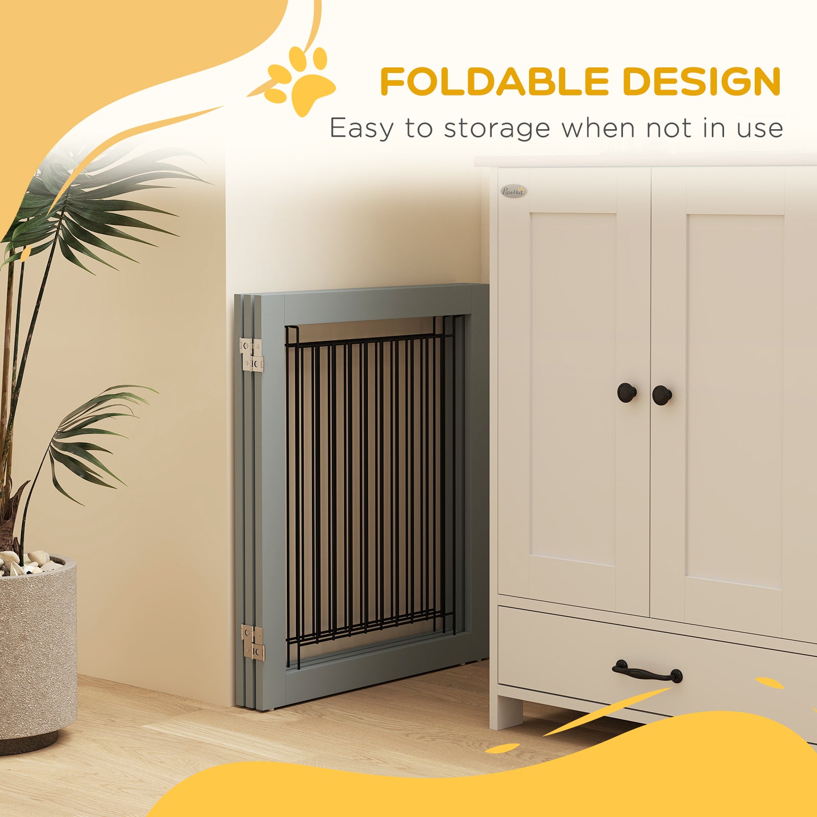 PawHut Freestanding Pet Gate Stair Gates for Dogs Foldable Wooden Dog Gate with 2 Support Feet, 61 cm Tall, for Doorways Hallways Staircases, Small Dogs - Grey