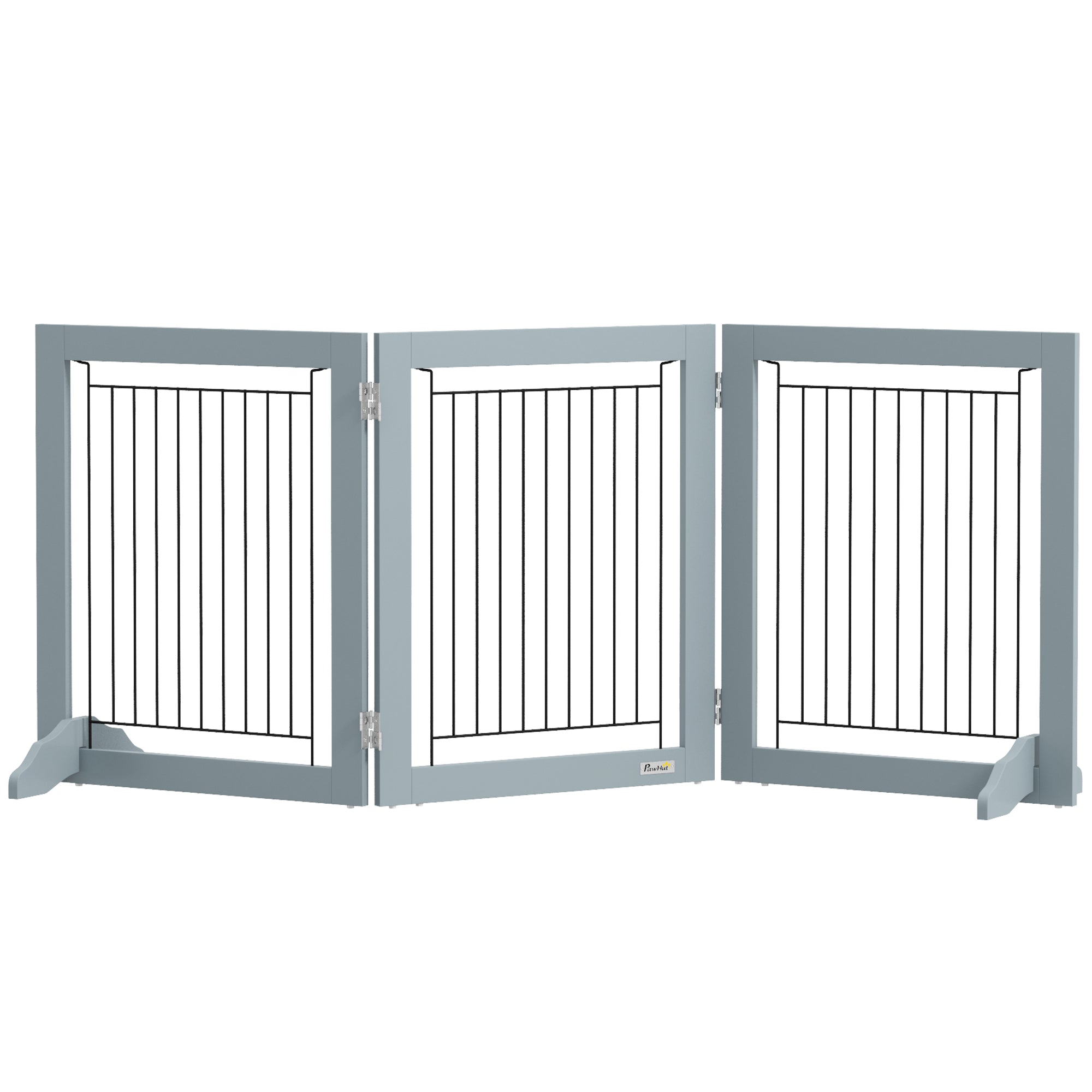 PawHut Freestanding Pet Gate Stair Gates for Dogs Foldable Wooden Dog Gate with 2 Support Feet, 61 cm Tall, for Doorways Hallways Staircases, Small Dogs - Grey