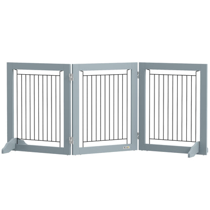 PawHut Freestanding Pet Gate Stair Gates for Dogs Foldable Wooden Dog Gate with 2 Support Feet, 61 cm Tall, for Doorways Hallways Staircases, Small Dogs - Grey