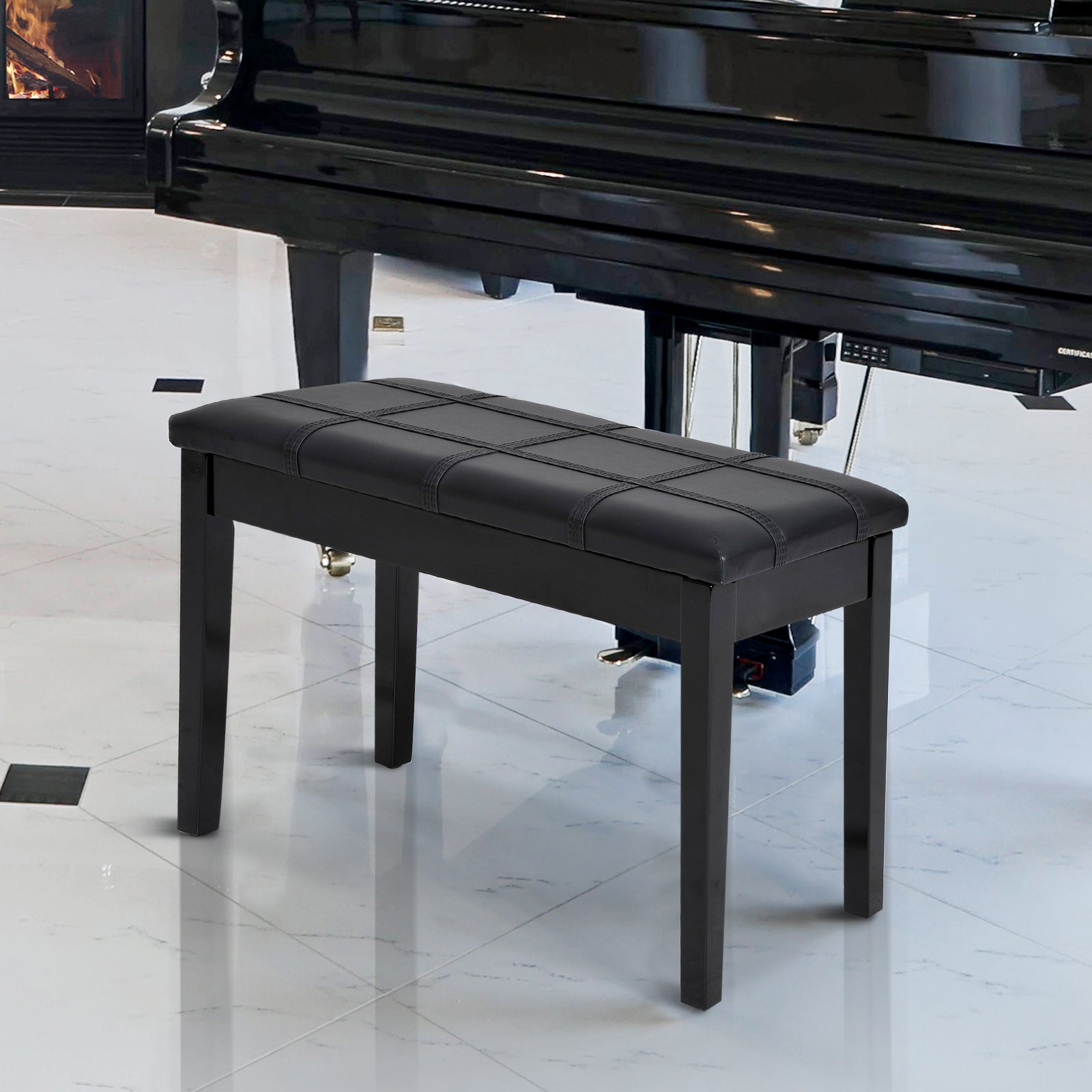 HOMCOM Classic Piano Bench Stool, PU Leather Padded Keyboard Seat with Rubber Wood Legs and Music Storage Compartment, Banded Seat, Black