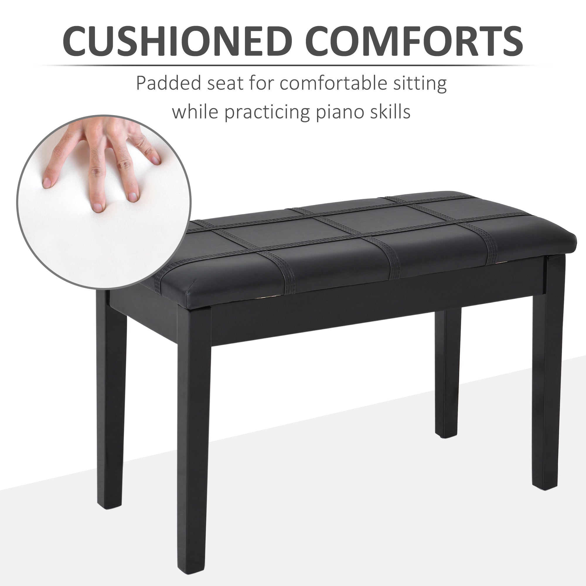 HOMCOM Classic Piano Bench Stool, PU Leather Padded Keyboard Seat with Rubber Wood Legs and Music Storage Compartment, Banded Seat, Black