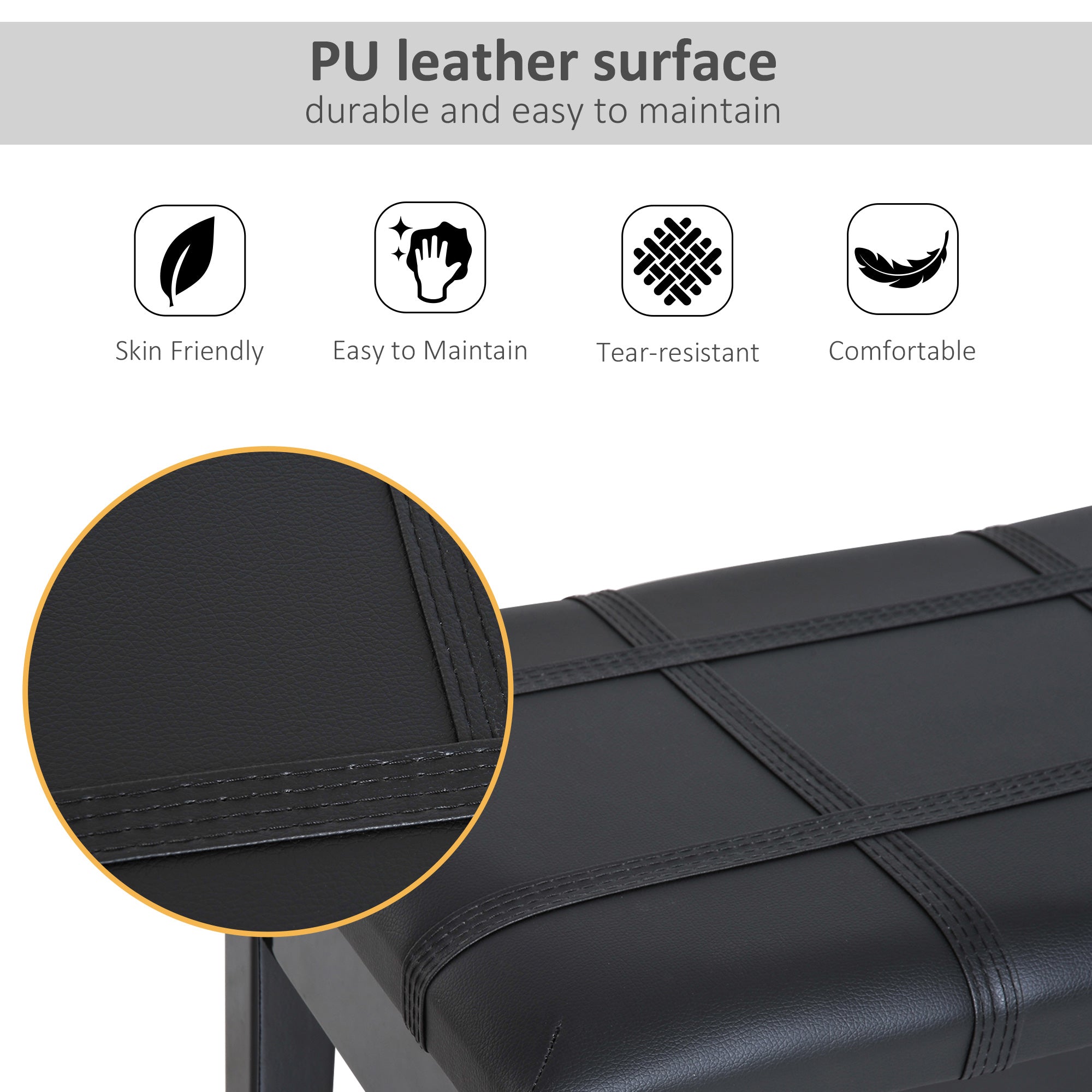 HOMCOM Classic Piano Bench Stool, PU Leather Padded Keyboard Seat with Rubber Wood Legs and Music Storage Compartment, Banded Seat, Black