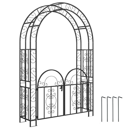 Outsunny 7.4ft Steel Garden Arch with Gate, Garden Arbor Trellis for Climbing Plants, Roses, Vines, Wedding Arch for Outdoor, Garden, Lawn, Backyard, Black