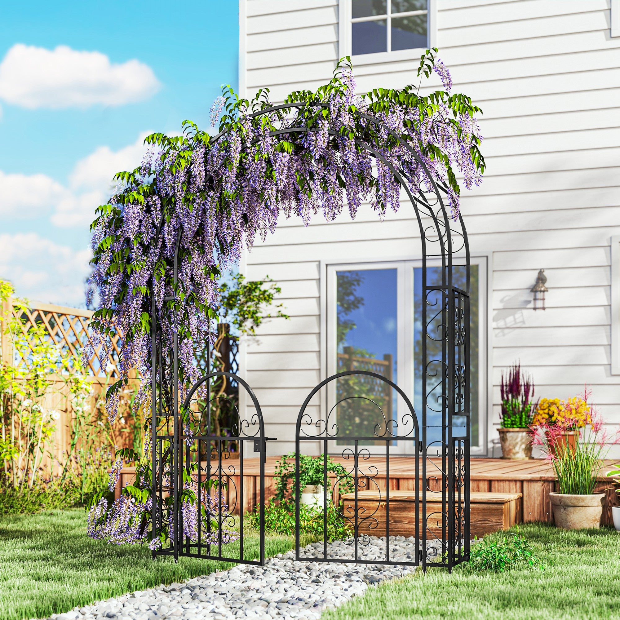 Outsunny 7.4ft Steel Garden Arch with Gate, Garden Arbor Trellis for Climbing Plants, Roses, Vines, Wedding Arch for Outdoor, Garden, Lawn, Backyard, Black