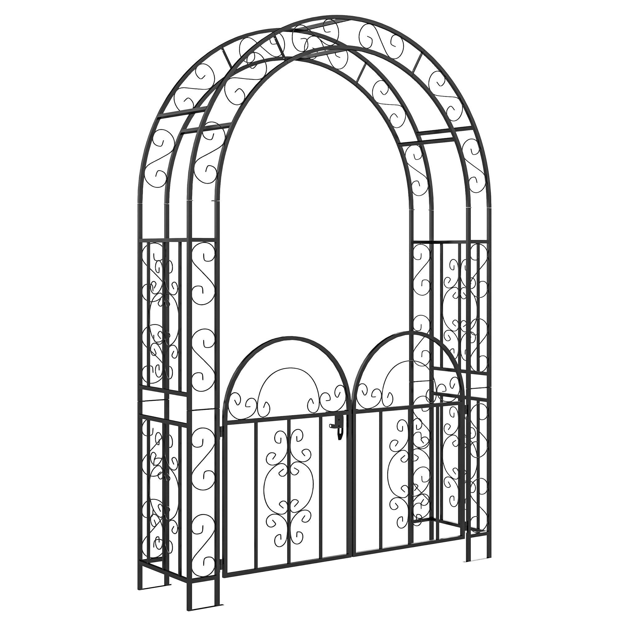 Outsunny 7.4ft Steel Garden Arch with Gate, Garden Arbor Trellis for Climbing Plants, Roses, Vines, Wedding Arch for Outdoor, Garden, Lawn, Backyard, Black