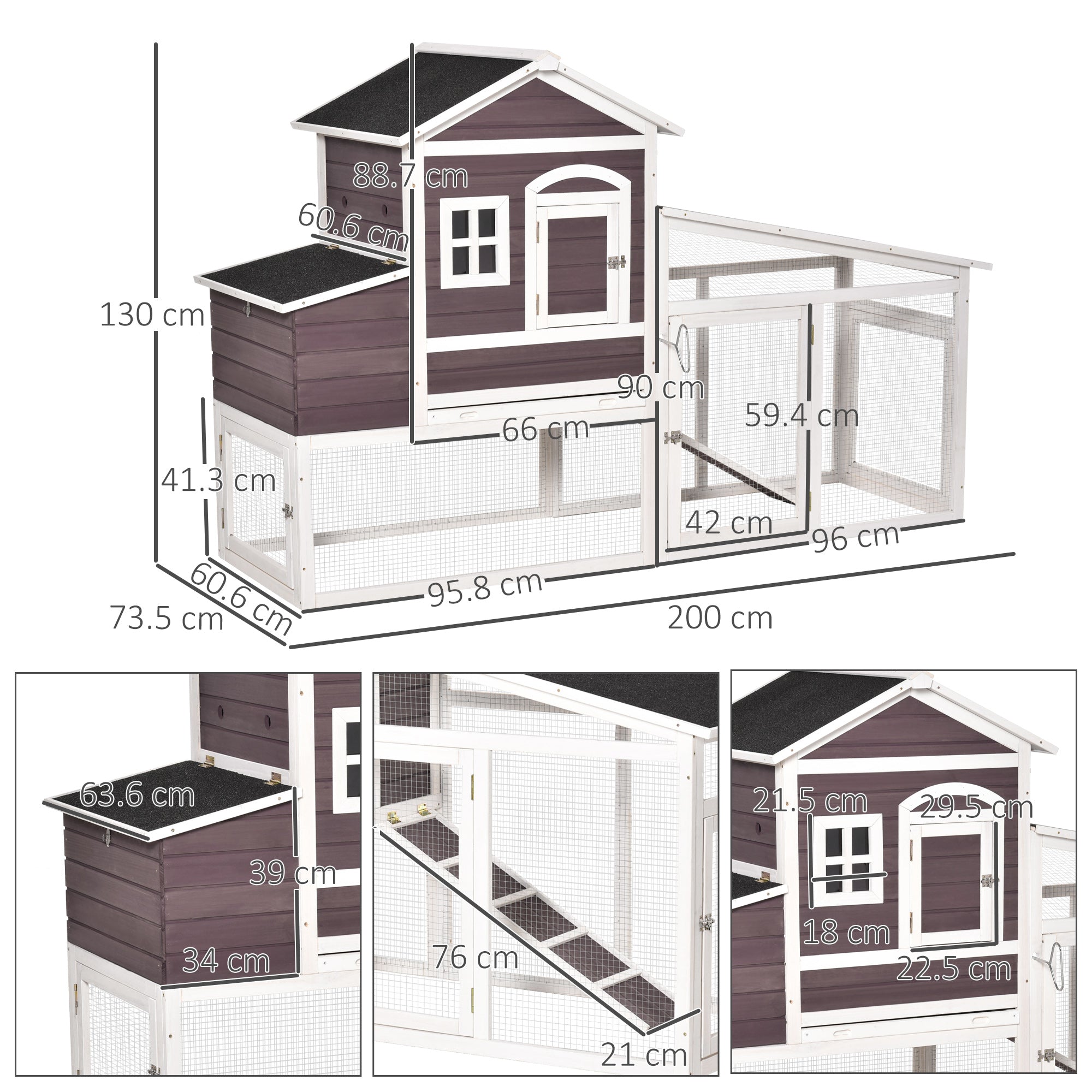 PawHut 200cm Deluxe Chicken Coop Small Animal Rabbit Habitat Hen House with Outdoor Run Resting Nesting Box Removable Tray Waterproof Asphalt Roof Lockable Door