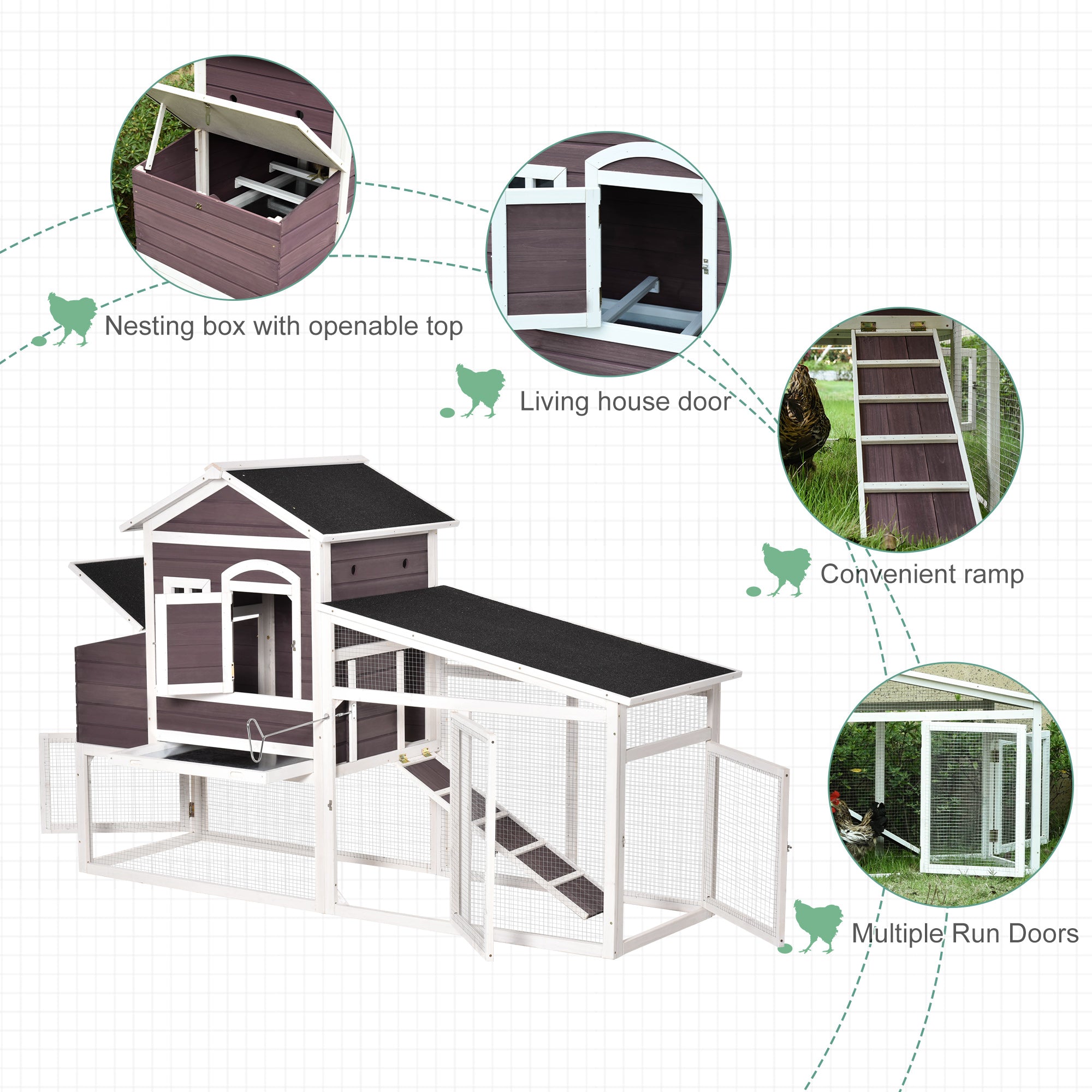 PawHut 200cm Deluxe Chicken Coop Small Animal Rabbit Habitat Hen House with Outdoor Run Resting Nesting Box Removable Tray Waterproof Asphalt Roof Lockable Door