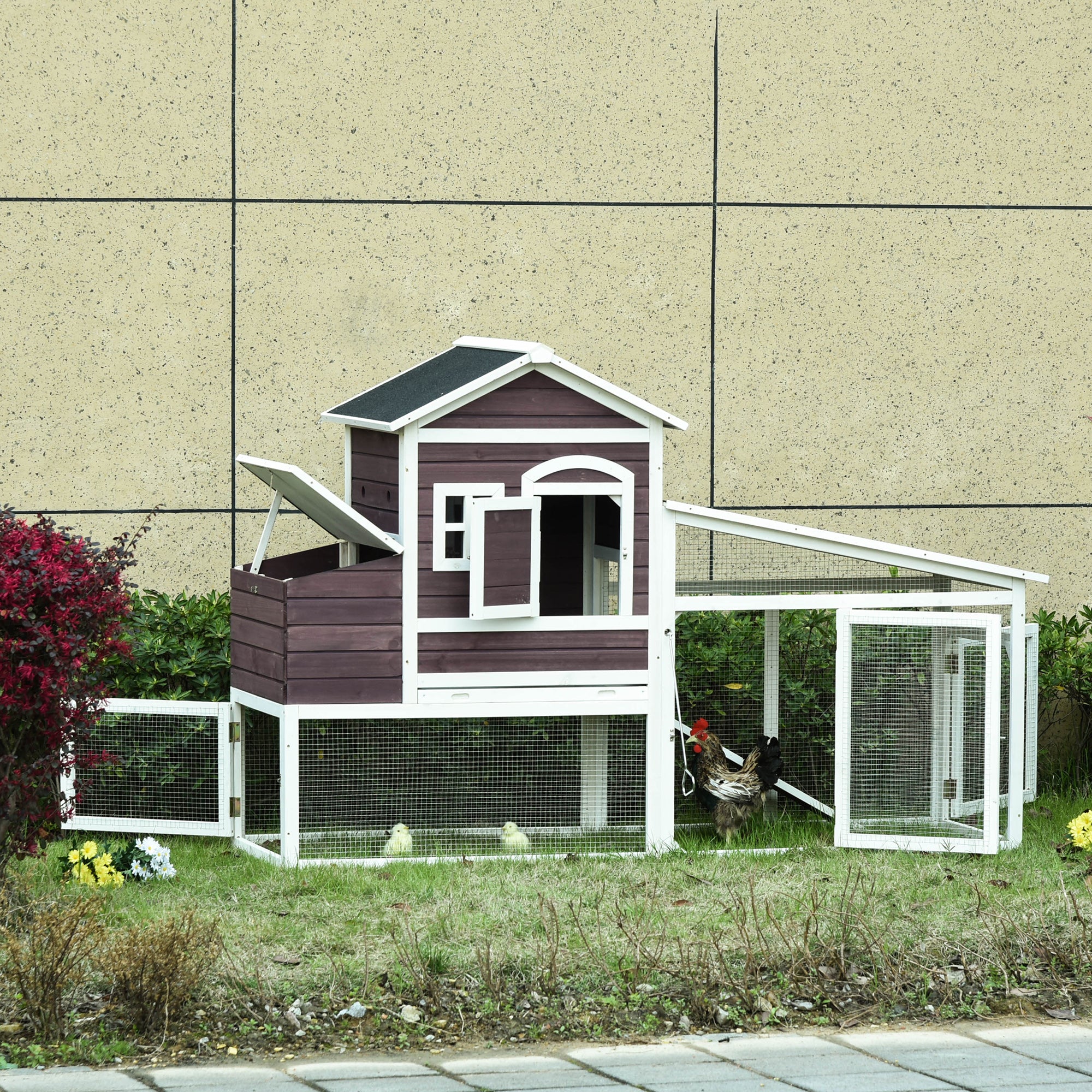 PawHut 200cm Deluxe Chicken Coop Small Animal Rabbit Habitat Hen House with Outdoor Run Resting Nesting Box Removable Tray Waterproof Asphalt Roof Lockable Door