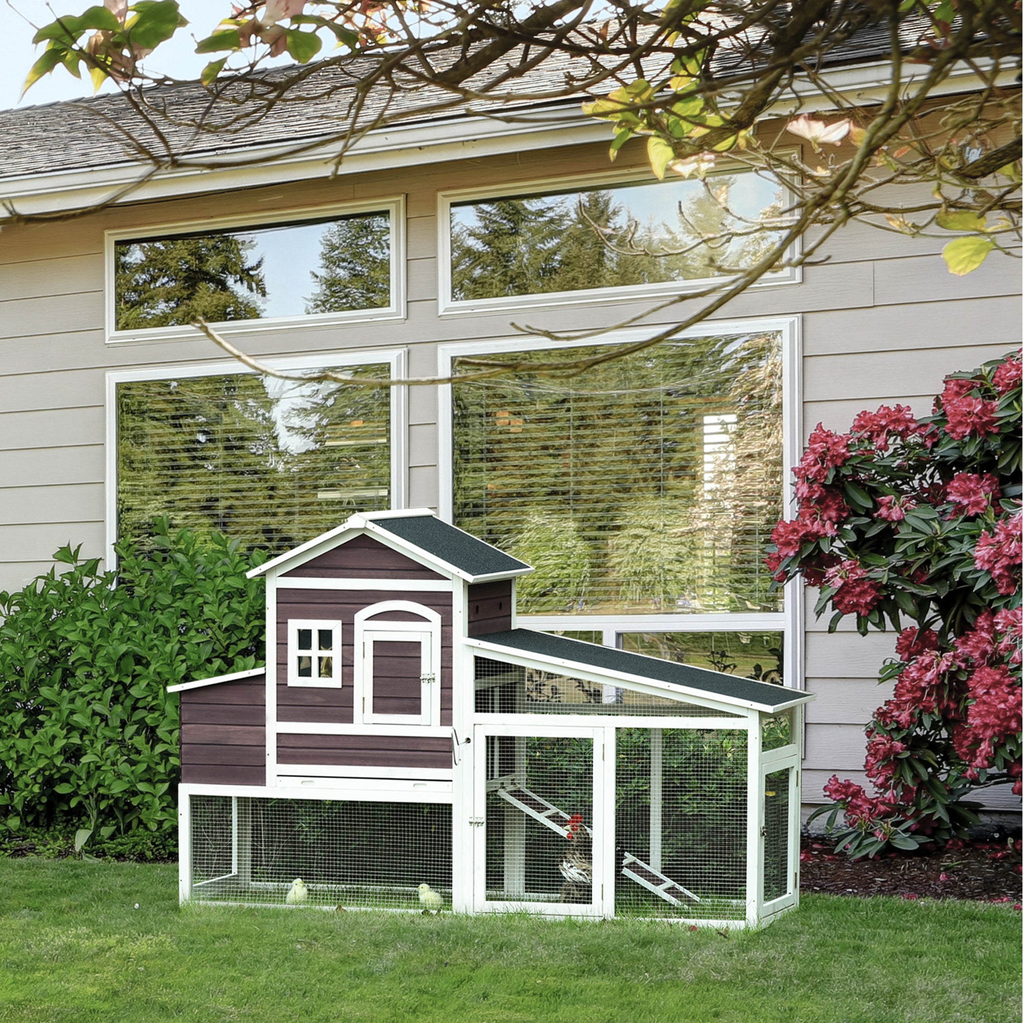 PawHut 200cm Deluxe Chicken Coop Small Animal Rabbit Habitat Hen House with Outdoor Run Resting Nesting Box Removable Tray Waterproof Asphalt Roof Lockable Door