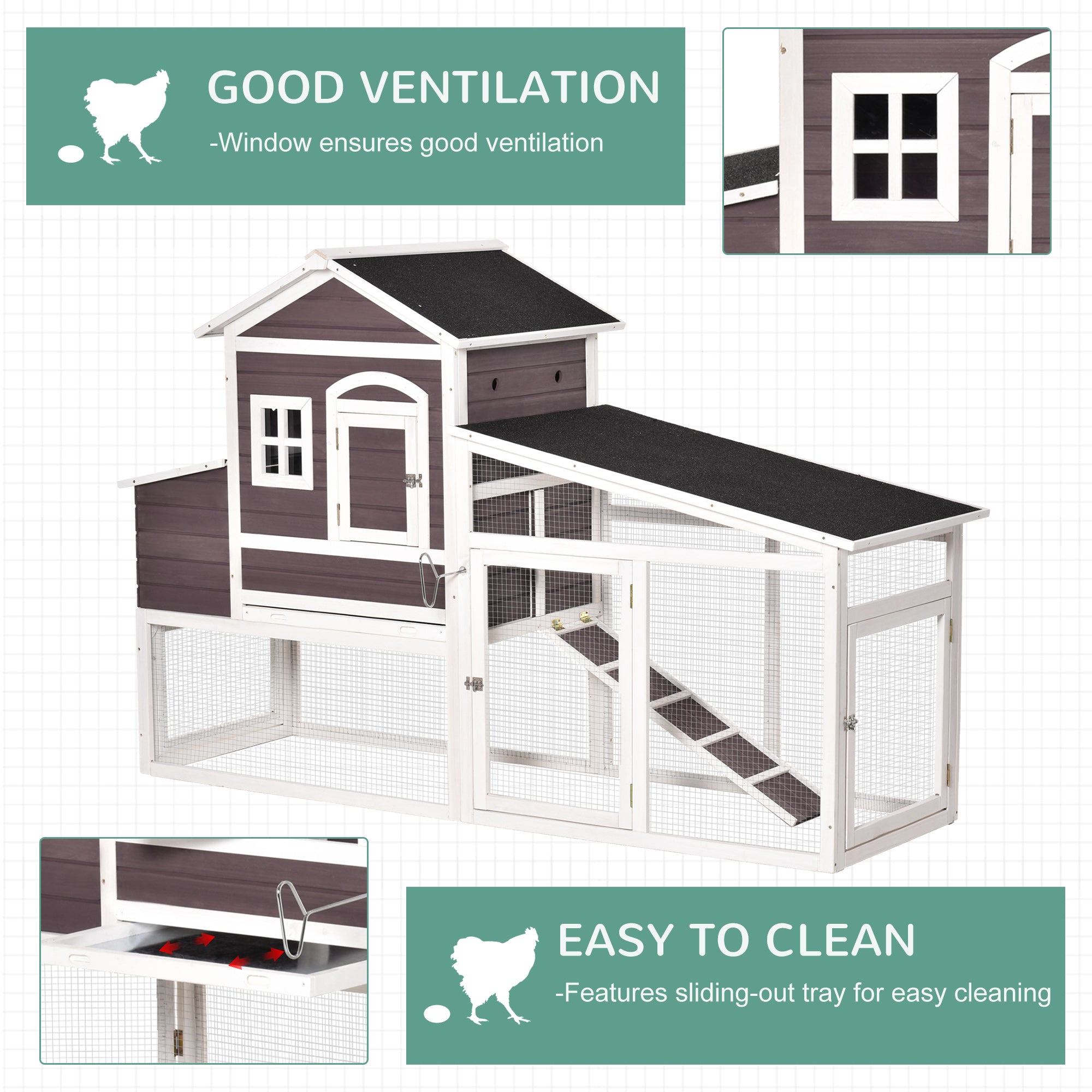 PawHut 200cm Deluxe Chicken Coop Small Animal Rabbit Habitat Hen House with Outdoor Run Resting Nesting Box Removable Tray Waterproof Asphalt Roof Lockable Door