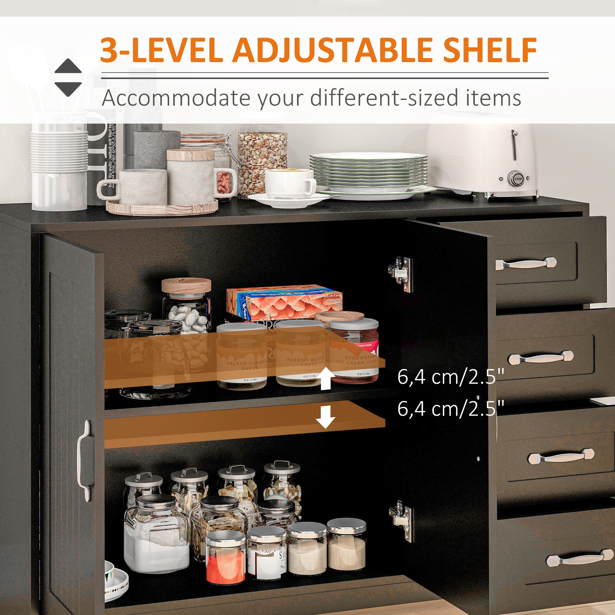 HOMCOM Modern Sideboard Buffet Cabinet with Drawers and Beadboard Door Cupboard Kitchen Storage Cabinet Black