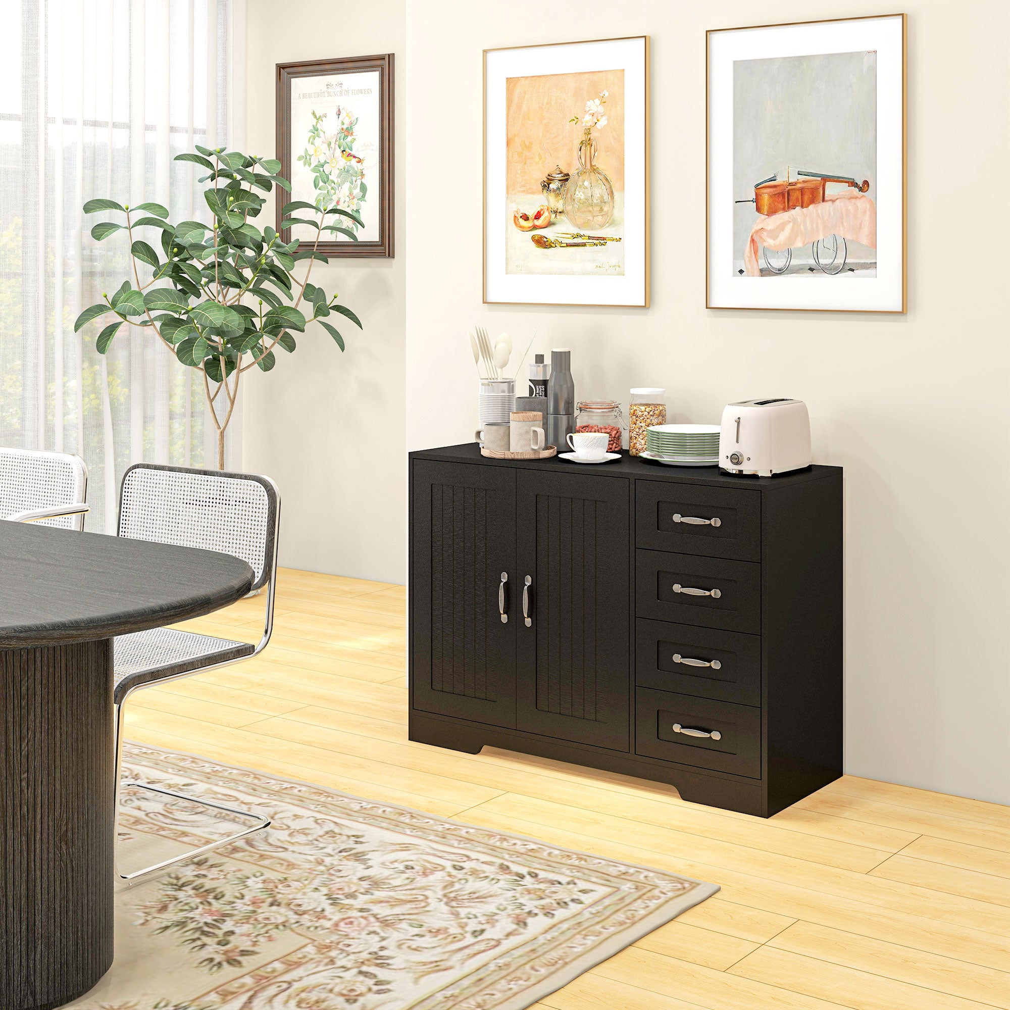 HOMCOM Modern Sideboard Buffet Cabinet with Drawers and Beadboard Door Cupboard Kitchen Storage Cabinet Black